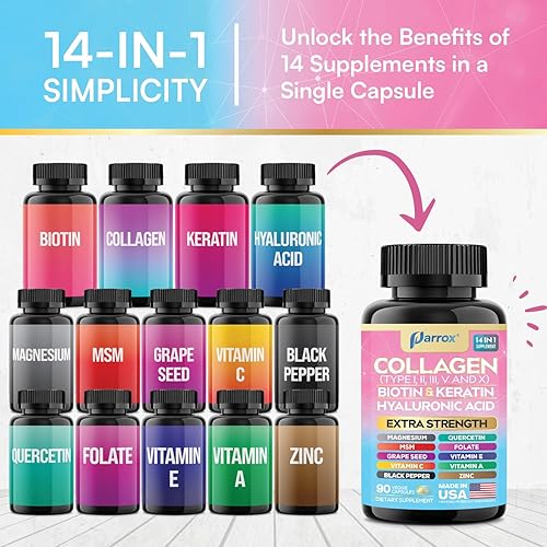Miniatura 4 de Péptidos de colágeno Parrox Tipos I, II, III, V y X, Biotina MCG, Queratina, Ácido Hialurónico, MSM, Zinc, Extracto de semilla de uva, Quercetina,