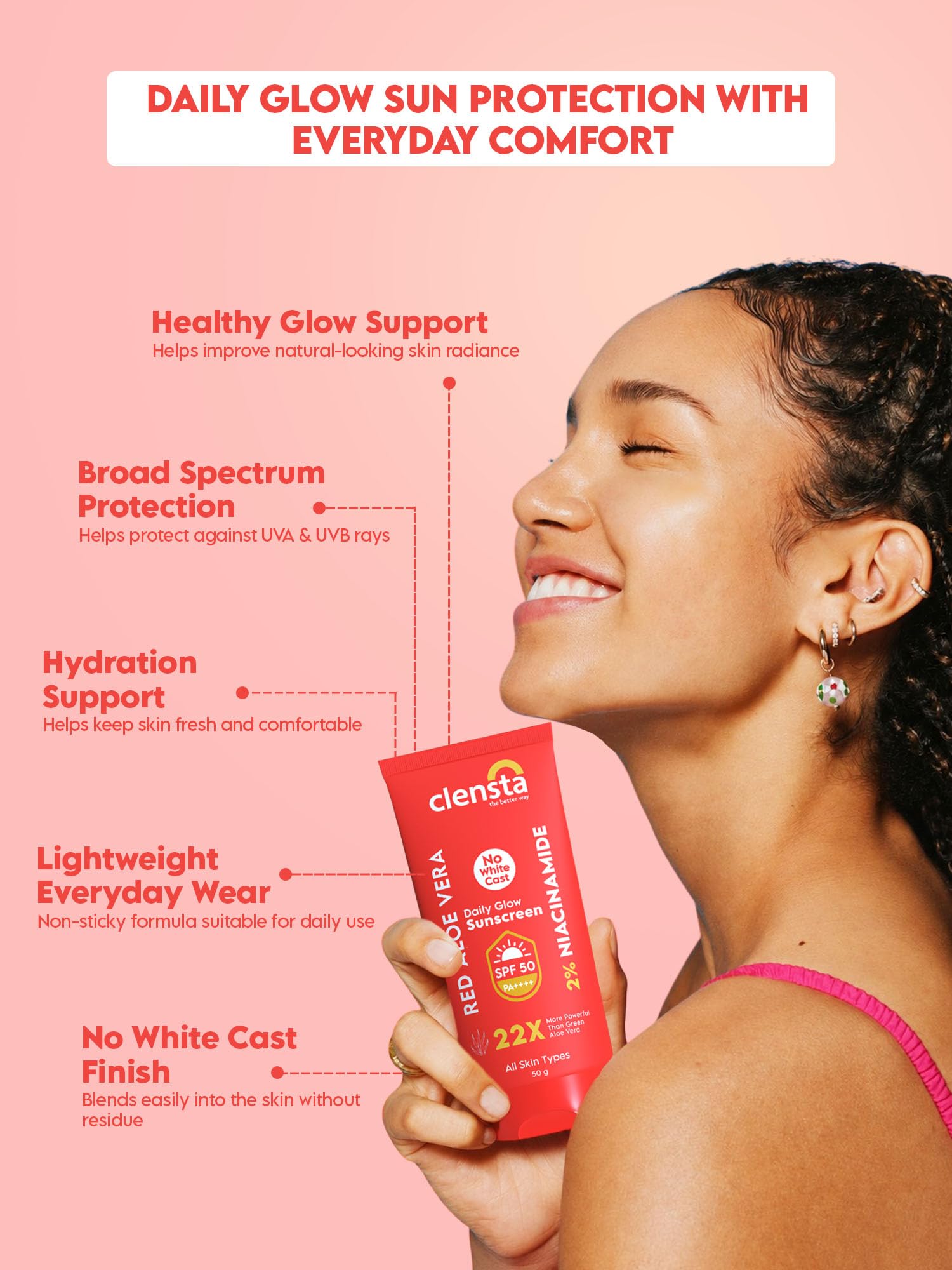Clensta Red Aloe Vera Daily Glow Sunscreen For All Skin Types SPF 50 PA++++ | No White Cast With Red Aloe Vera & 2% Niacinamide, Lightweight, For Sun Protection & Glow - 50 G 1