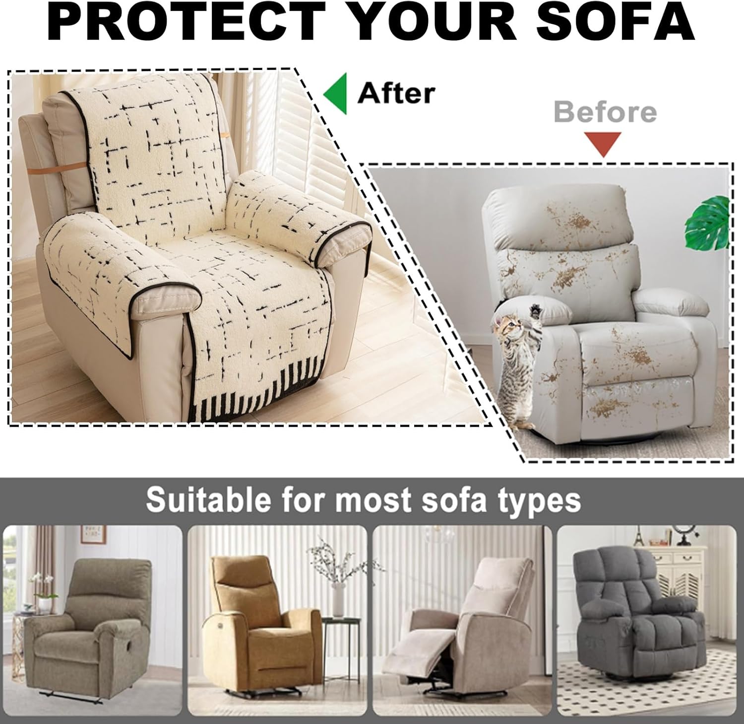 Recliner Chair Cover, Plush Nonslip Thickened Recliner Cover, Soft Warm Reclining Chair Slipcover with Elastic Straps, Machine Washable Furniture Protector Fits Reclining Sofa