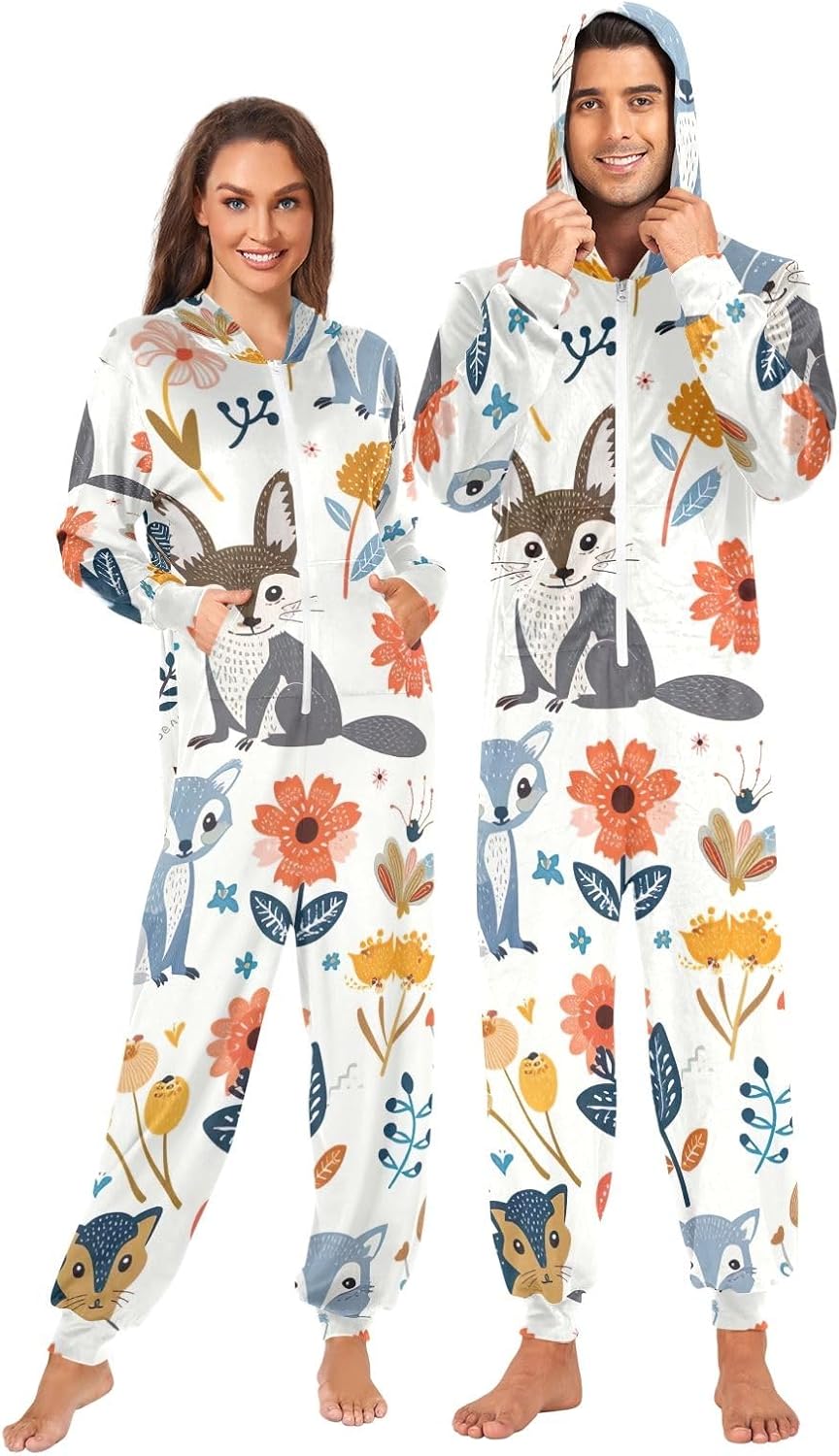 GAIREG Cute Animals Fox Flowers White Adult Onesie Pajamas, Soft Crystal Velvet Unisex One Piece Sleepwear for Men Women