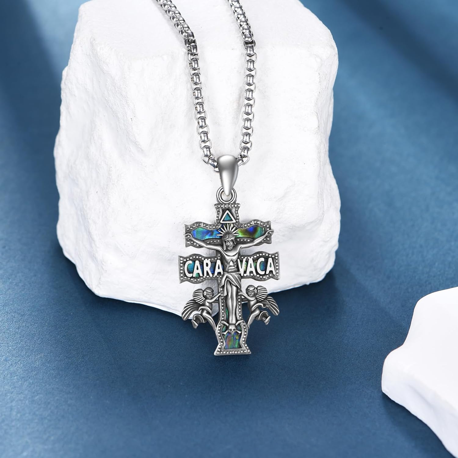 ONEFINITY Christian Cross Necklace 925 Sterling Silver Orthodox/Crucifix/Caravaca/Saint Christopher/Praying Hands Pendant Abalone Shell Black Onyx Wood Religious Catholic Jewelry Gifts for Women Men - Image 6