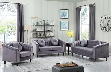 Velvet Sofa Sets Couch Sets for Living Room,76 Chesterfield Loveseat Sofa Set with 5 Pillows and Rolled Arm for Living Room/Apaetment/BedroomGray,3pcs