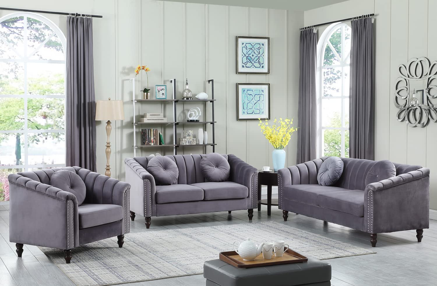 Caberryne Velvet Sofa Sets Couch Sets for Living Room,76'' Chesterfield Loveseat Sofa Set with 5 Pillows and Rolled Arm for Living Room/Apaetment/