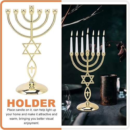 Miniatura 8 de Candelabro, soporte para velas de menorá de Hanukkah, 7 ramas, centro de mesa de menorá, cono dorado, decoración para fiestas de vacaciones de