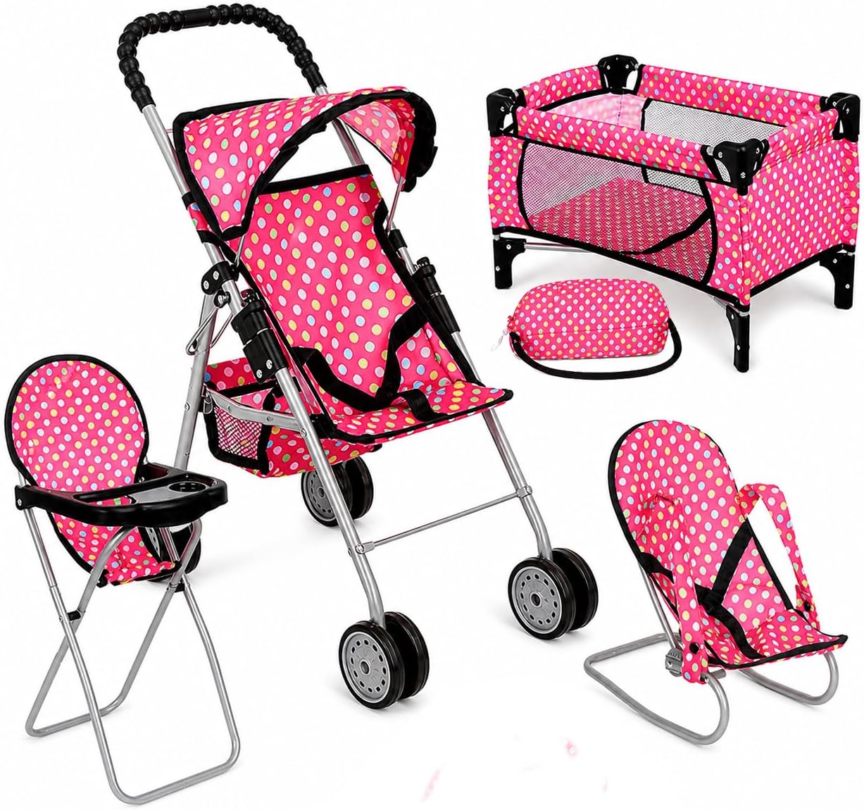 Doll Play Set 4 In 1 Pack N Play. 2 Stroller 3.Doll High Chair. 4.Infant Seat Fits Up To 18''