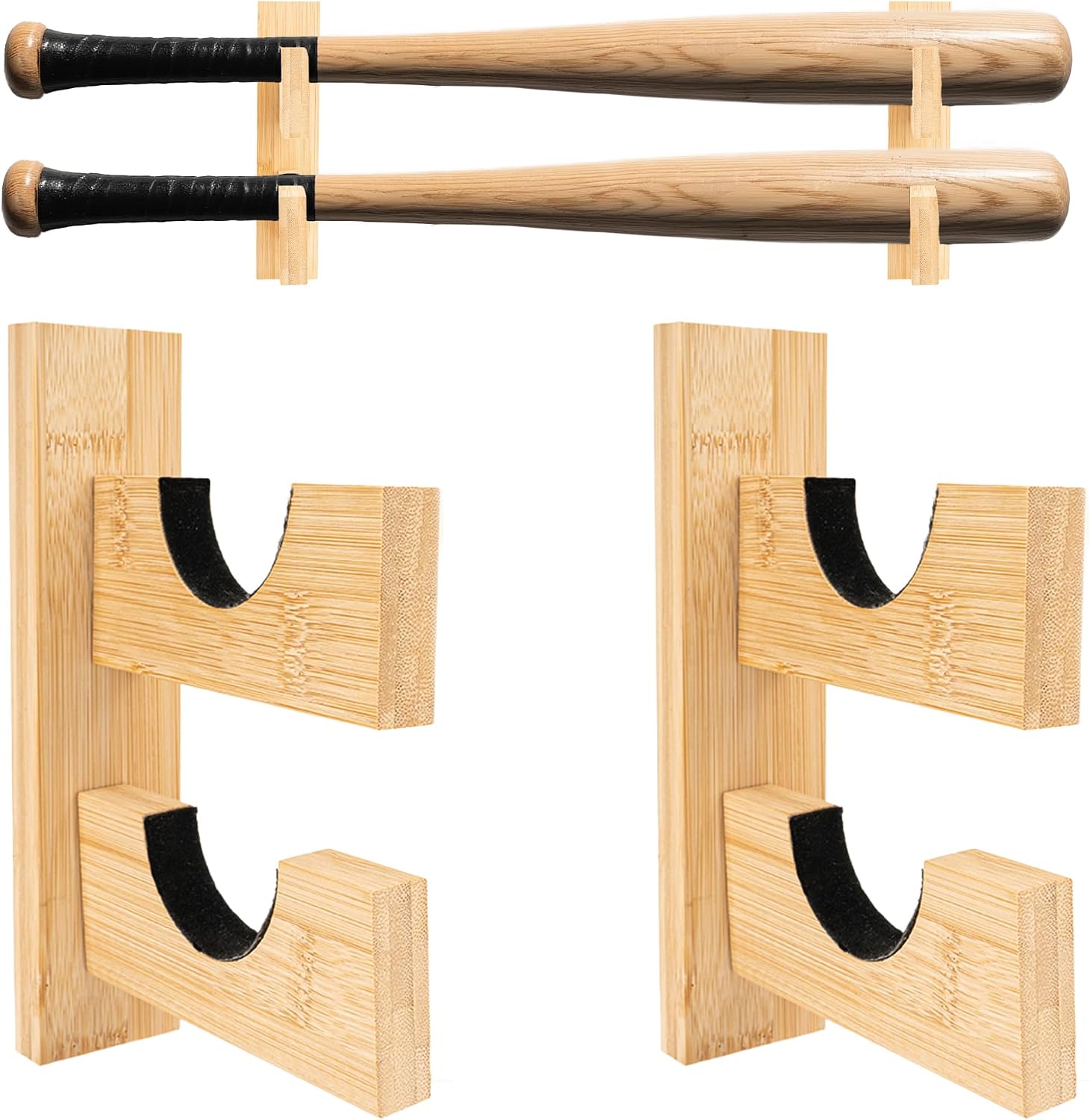Baseball Bat Display Wall Mount, 2-Pack Bamboo Double-Tier Bat Holder with Felt Lined Hooks, Horizontal Baseball and Softball Bat Rack for Memorabilia Display