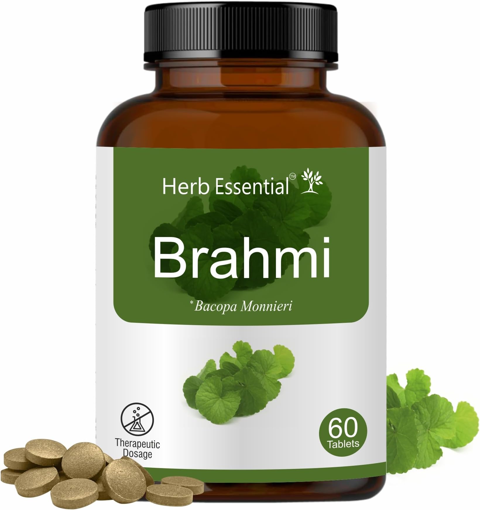 Herb Essential Brahmi Tablets 500Mg 60 Count | Brahmi Tablets for Memory & Brain Health | Ayurvedic Herbal Supplement for Focus, Concentration & Stress Support | Natural Adaptogenic Formula