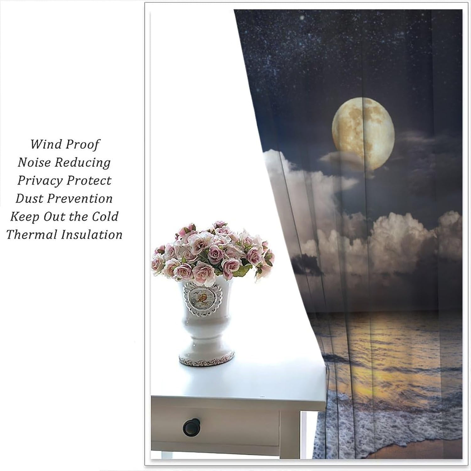 Beach Blackout Curtains，Tropical Sea Moon Clouds Night Black Scene Pattern Drapes Window 2 Panel Rod Pocket Curtain for Bedroom Living Room Decor 21" W X 45" L