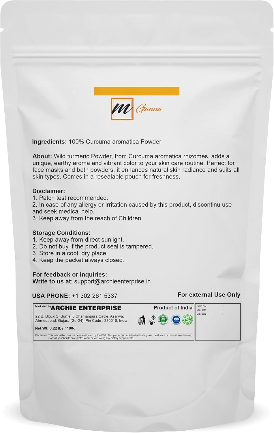 100% Natural Pure Wild Turmeric/Curcuma Aromatica Powder for Skin Care 100 GMS / 0.22 LBS