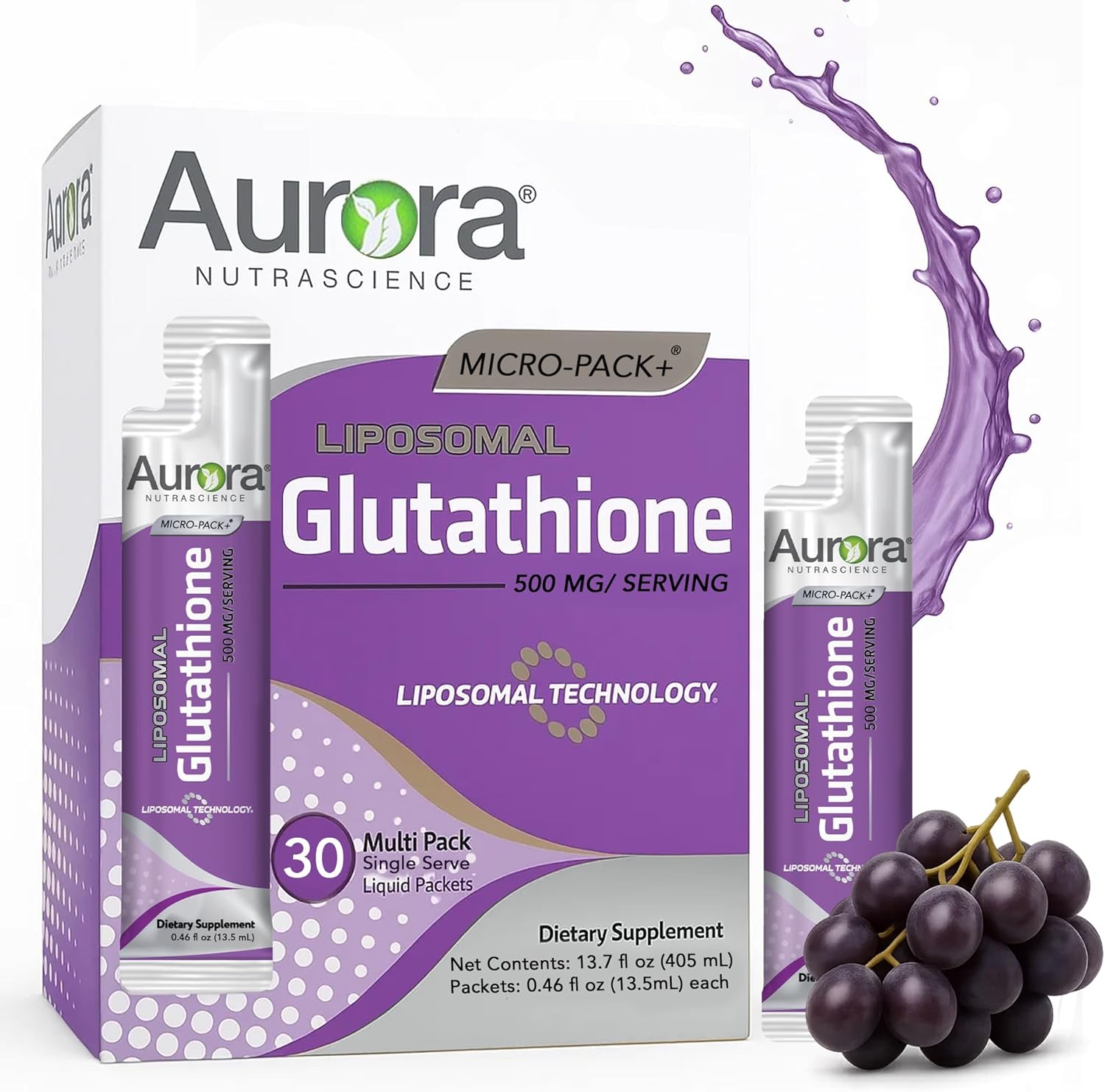 Aurora Nutrascience Micro-Liposomal Liquid Glutathione, Immune & Antioxidant Gut Health Support Supplement, 500 mg per Serving, Gluten Free, Non-GMO, Sugar-Free, 30 Single-Serve Packets