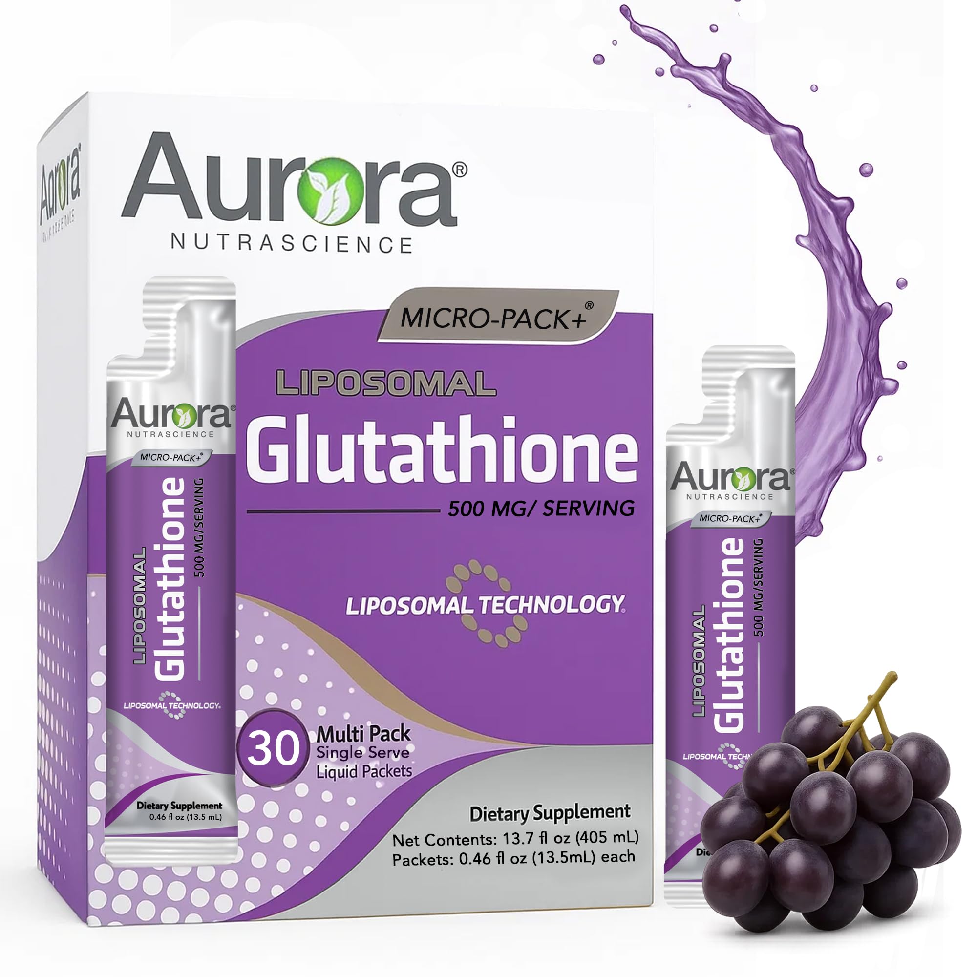 Aurora Nutrascience Micro-Pack Liposomal Glutathione, Immune System Support, Antioxidant, 500 mg per Serving, 30 Single-Serve Packets, Gluten Free, Non-GMO, Sugar-Free, 10 fl oz (300mL)