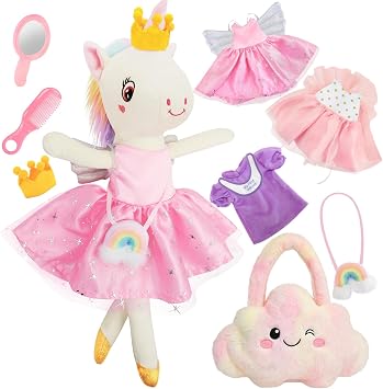 Unicorn Toys for Girls Age 4-6, Ballerina Doll Toys for Girls 3-5, Ballet Dress up Stuffed Animals Dolls with 3 Sets of Clothes & Plush Bag, Unicorn Birthday Gifts for Kids Age 3 4 5 6 7 8 9 10