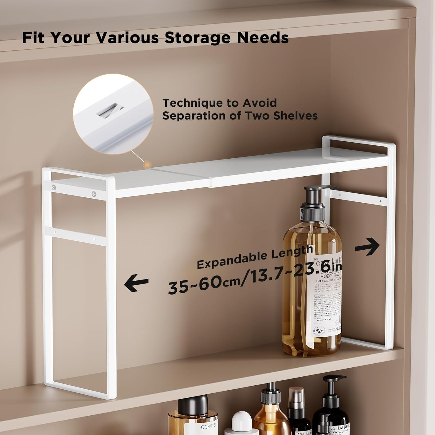 Expandable Medicine Cabinet Organizer, White Heavy-Duty Metal Adjustable Shelf Trays for Bathroom, Kitchen, Narrow Spaces, Space-Saving Storage Solution for Mirror Cabinets, Vanities, and Countertops