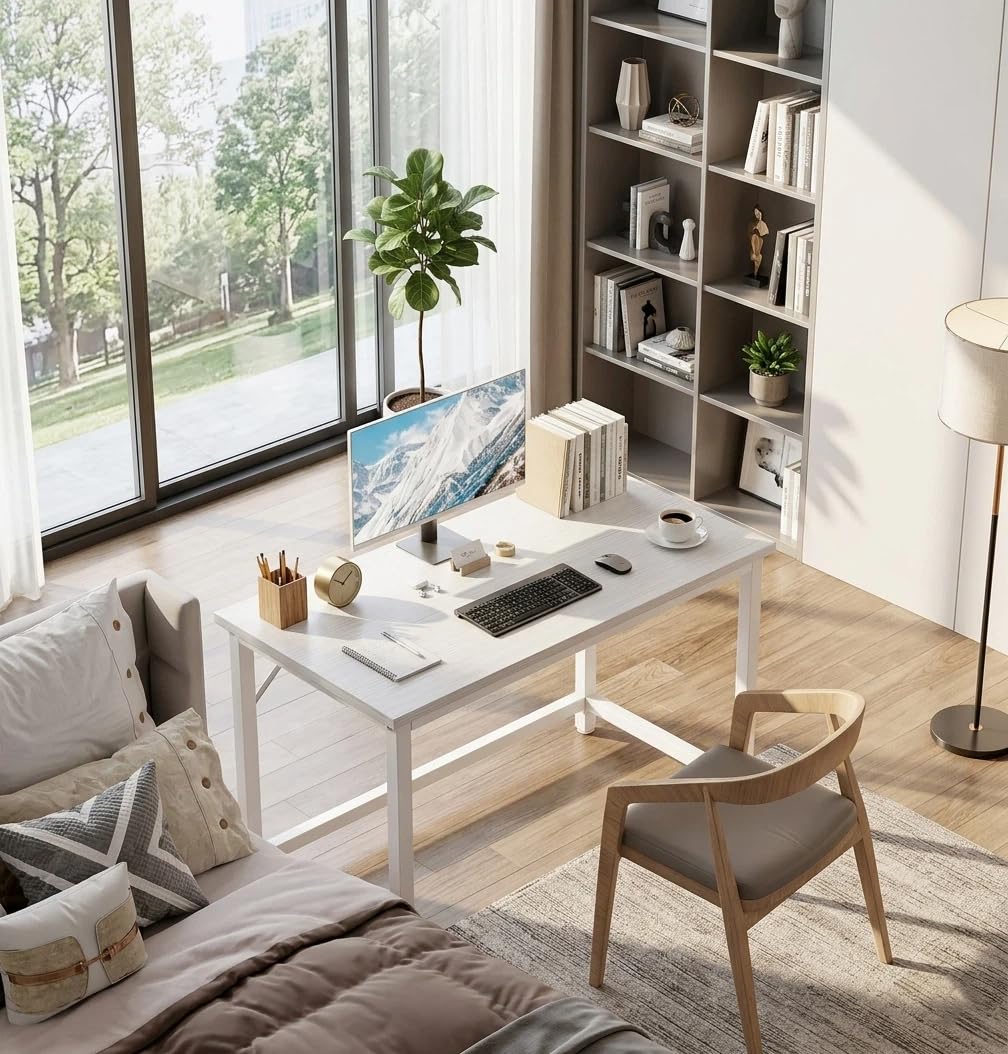 Bureau d'Ordinateur, Table, 100 x 50 x 76 cm, pour Bureau, Chambre, Salon, Cadre en Métal, Blanc