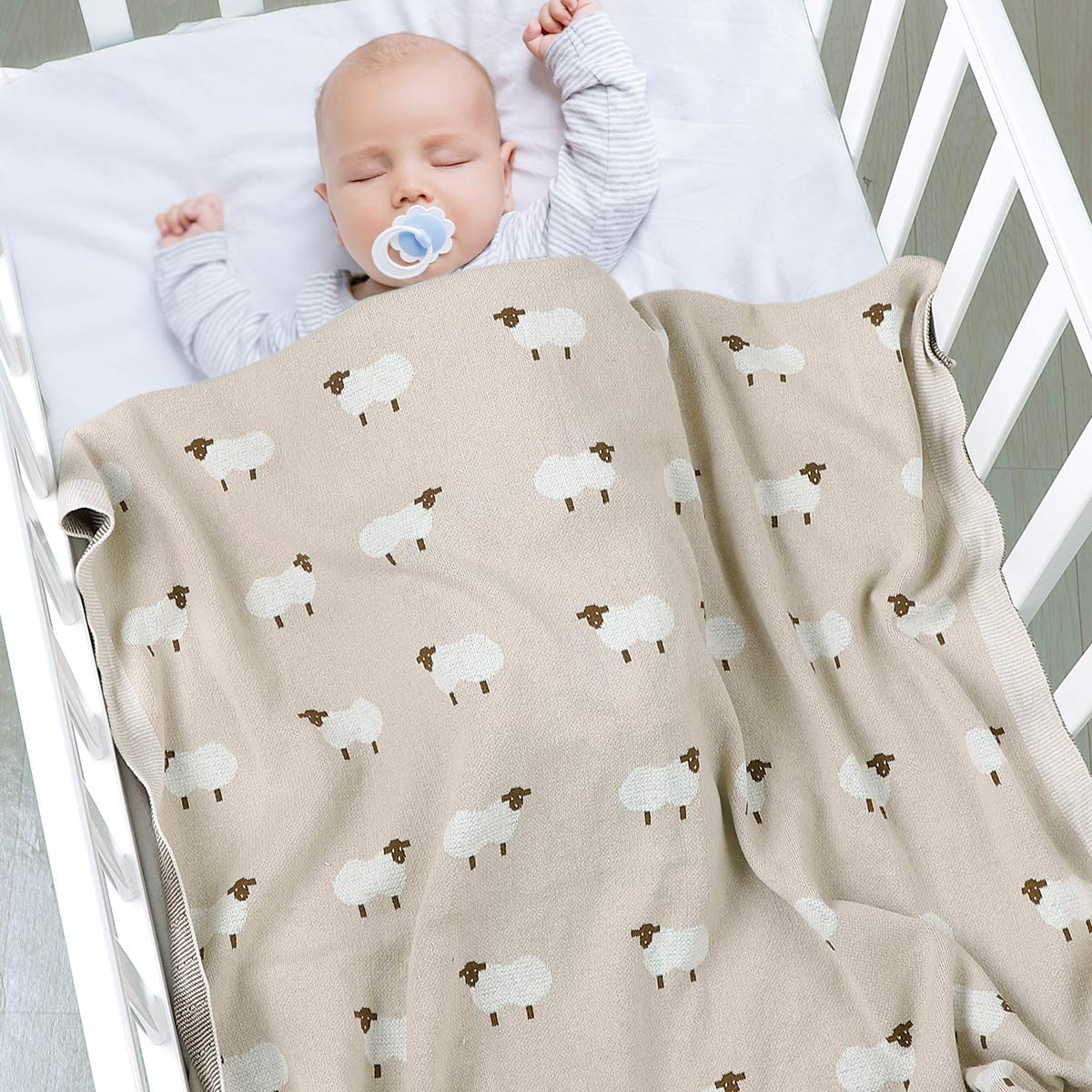 mimixiong Baby Blanket Knit Receiving Boys Girls Blanket Soft Cotton Neutral Blanke for Swaddle Crib Stroller with Cute Sheep (Khaki, 30x40 Inch (Pack of 1))