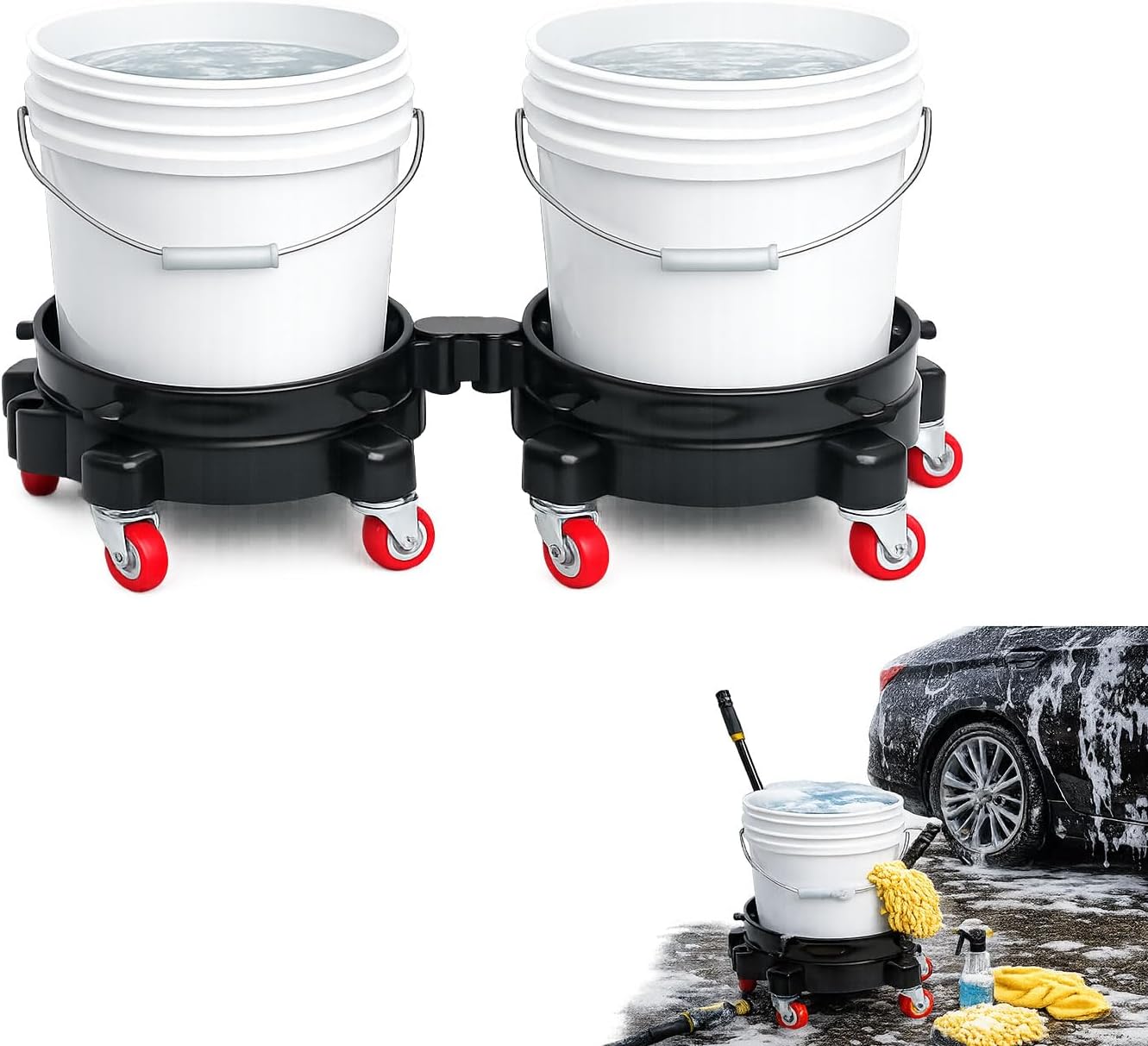 2 Pack 11.5" Bucket Wheels Base for 5-Gallon Buckets with Connector, Rolling Bucket Dolly Set, Easy Assembly for Two-Bucket Wash System, Car Wash, Construction & Garage Use, Black