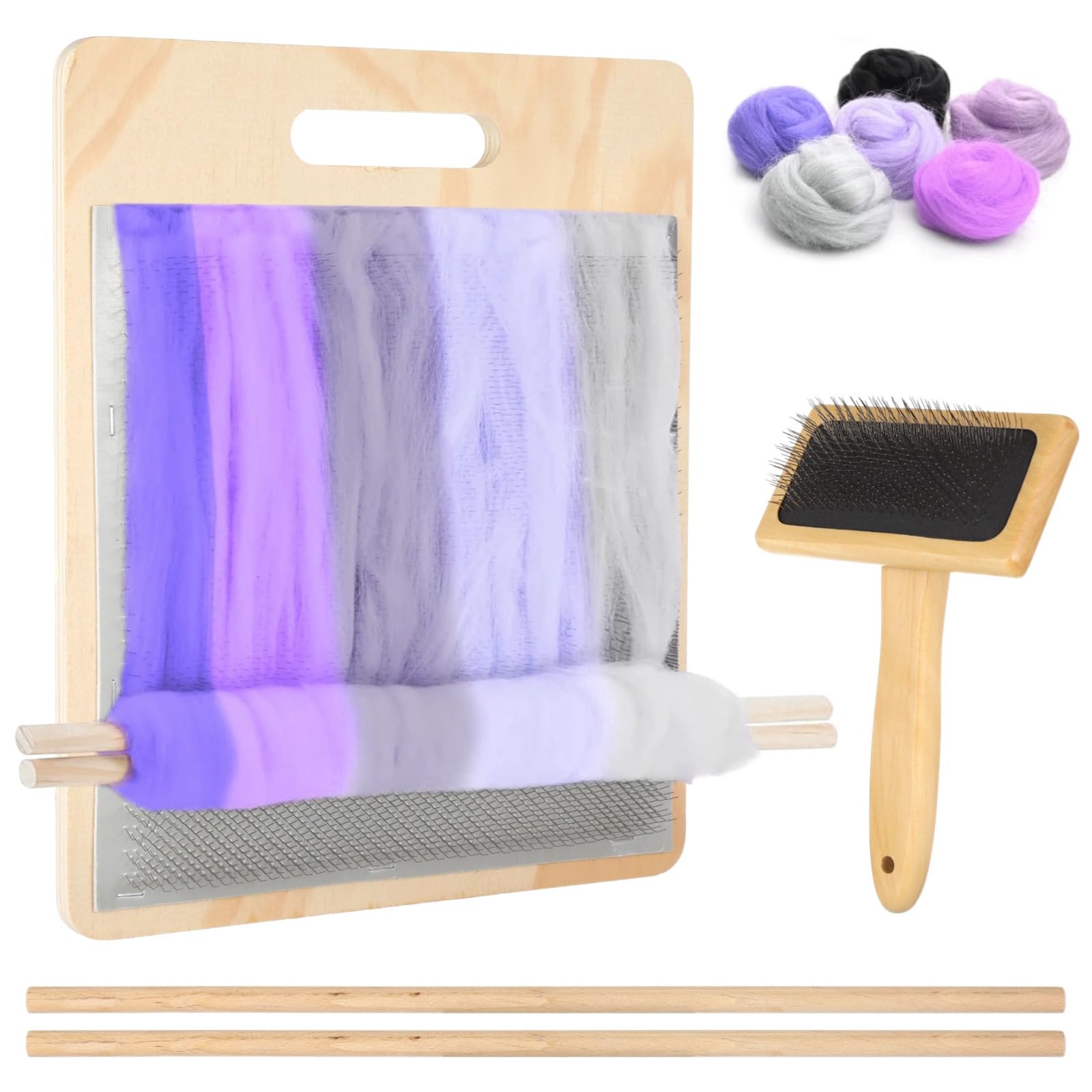 4 PCS Wool Blending Board Set, Wooden Carding Brush and 2 Sticks, Wool Comb for Felting and Mixing, for DIY Wool Crafts