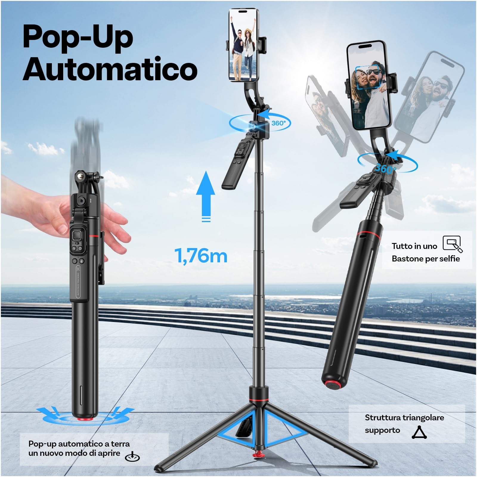 Treppiede per Tracciamento Automatico del Volto di MMOBIEL – 360° Rotazione AI con Controllo Gesti, Bluetooth 5.4 e Telecomando - Estendibile 1,76m, Treppiede Auto-Apertura per iPhone, Android, GoPro