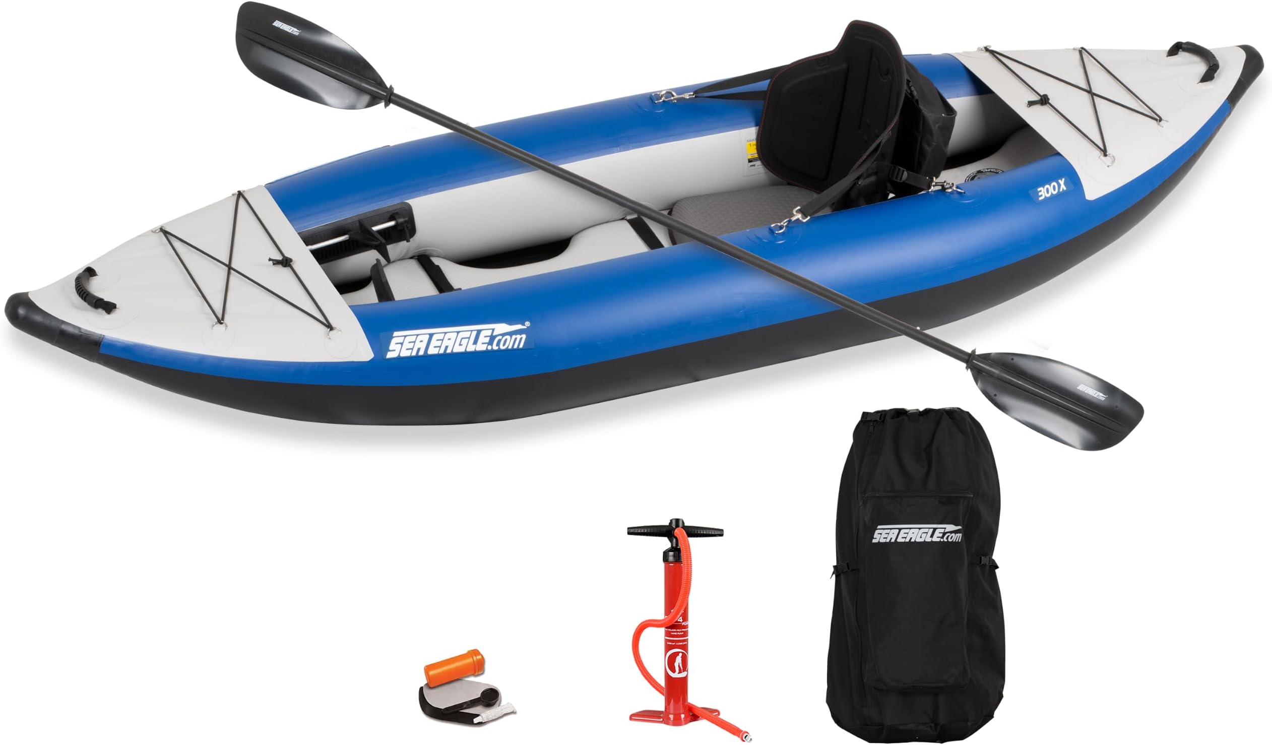 Sea Eagle 300X Explorer Touring, Camping, Fishing Whitewater Inflatable Kayak, Solo, Self-Bailing, Drop Stitch Floor-Paddle, Seat, Pump, Skeg, Bag