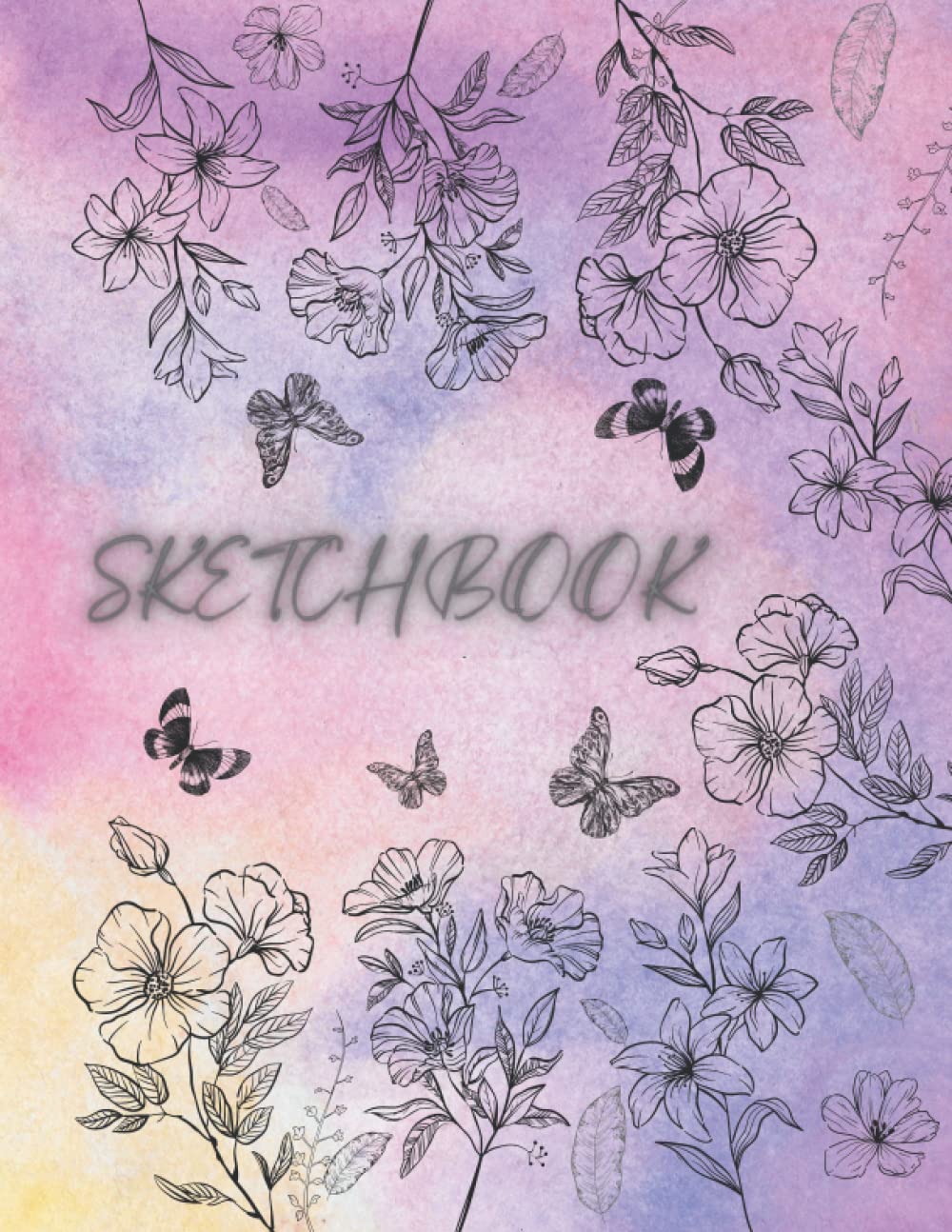 Sketchbook: Large Journal and Notebook for Drawing, Sketching, Doodling and Writing| Watercolor Pastel Background Cover with Butterflies and Flowers Design