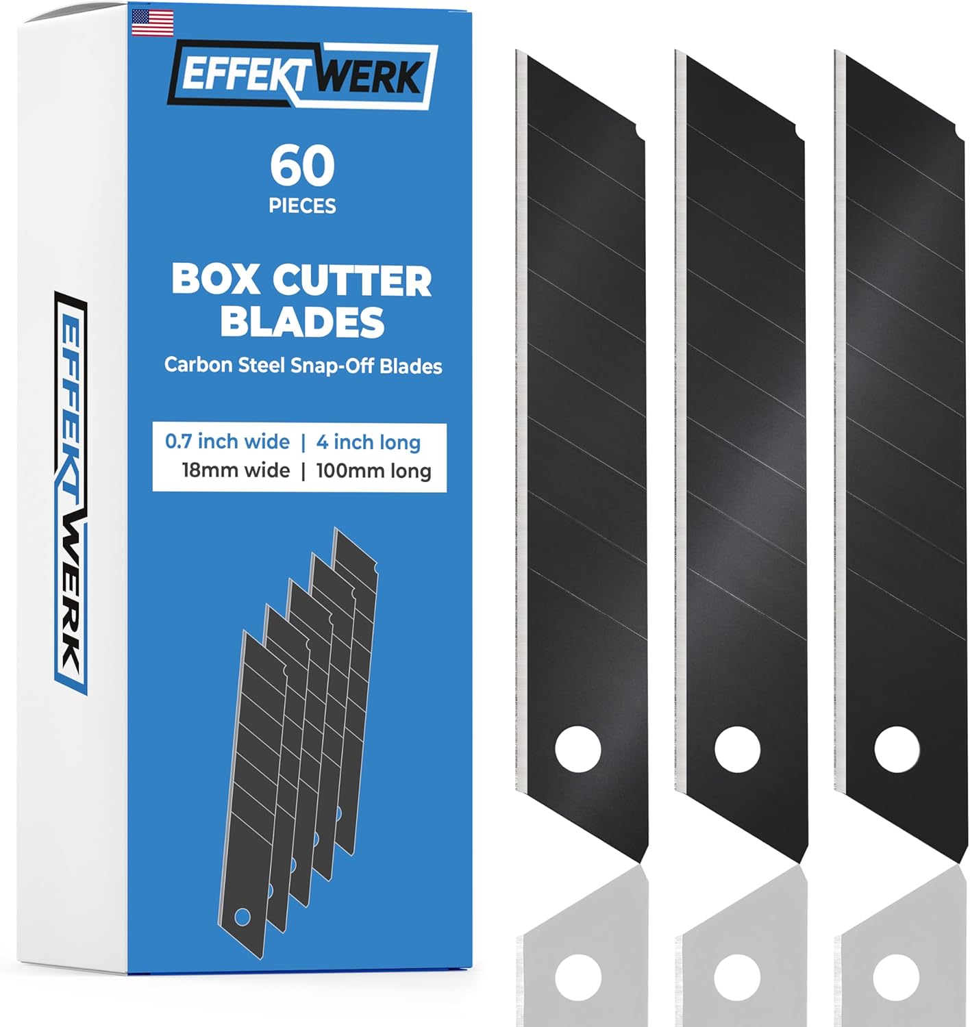 E•Werk - Box Cutter Blade Set - Black, 60 Pack - 18mm Utility Knife Replacement Blades - Heavy Duty Carbon Steel Snap Off Blades - Blade Refills for Utility Knives & Box Cutters