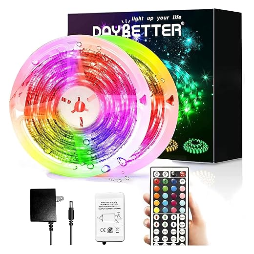 DAYBETTER Led Strip Lights Waterproof, 32.8ft(2 Rolls of 16.4ft) LED Tape Lights Color Changing 300 LEDs Light Strips Kit with 44 Keys Ir Remote Controller and 12v Power Supply for Indoor Outdoor Use