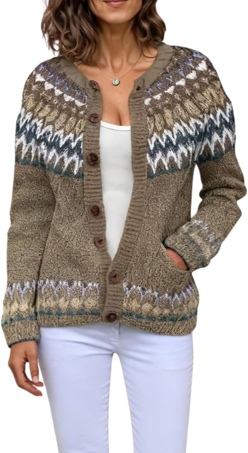 LIZALIG Cardigan for Women Fair Isle Sweater Chunky Cardigan Plus Size Cute Outfits Knit, Vintage Style for Fall Winter