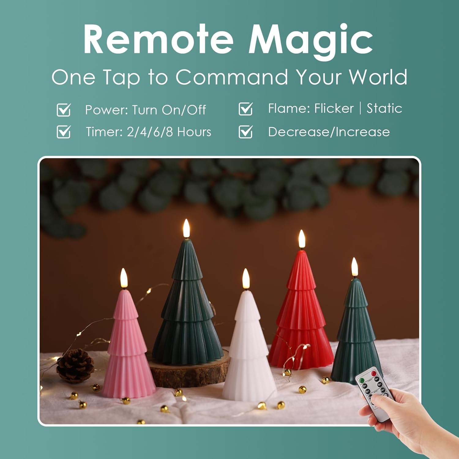 Green Christmas Tree Flameless Candles with Remote, Battery Operated Winter LED Candles Holiday Table Centerpieces Decor Set of 2