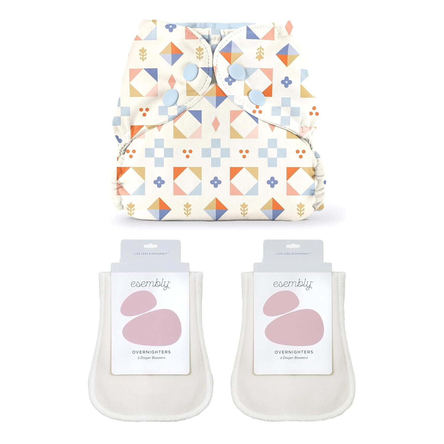 Esembly Cloth Diaper Nighttime Bundle – 1 Quilted Waterproof Outer (Size 2) and 4 Organic Cotton Overnighter Inserts – Reusable Overnight Diapering System
