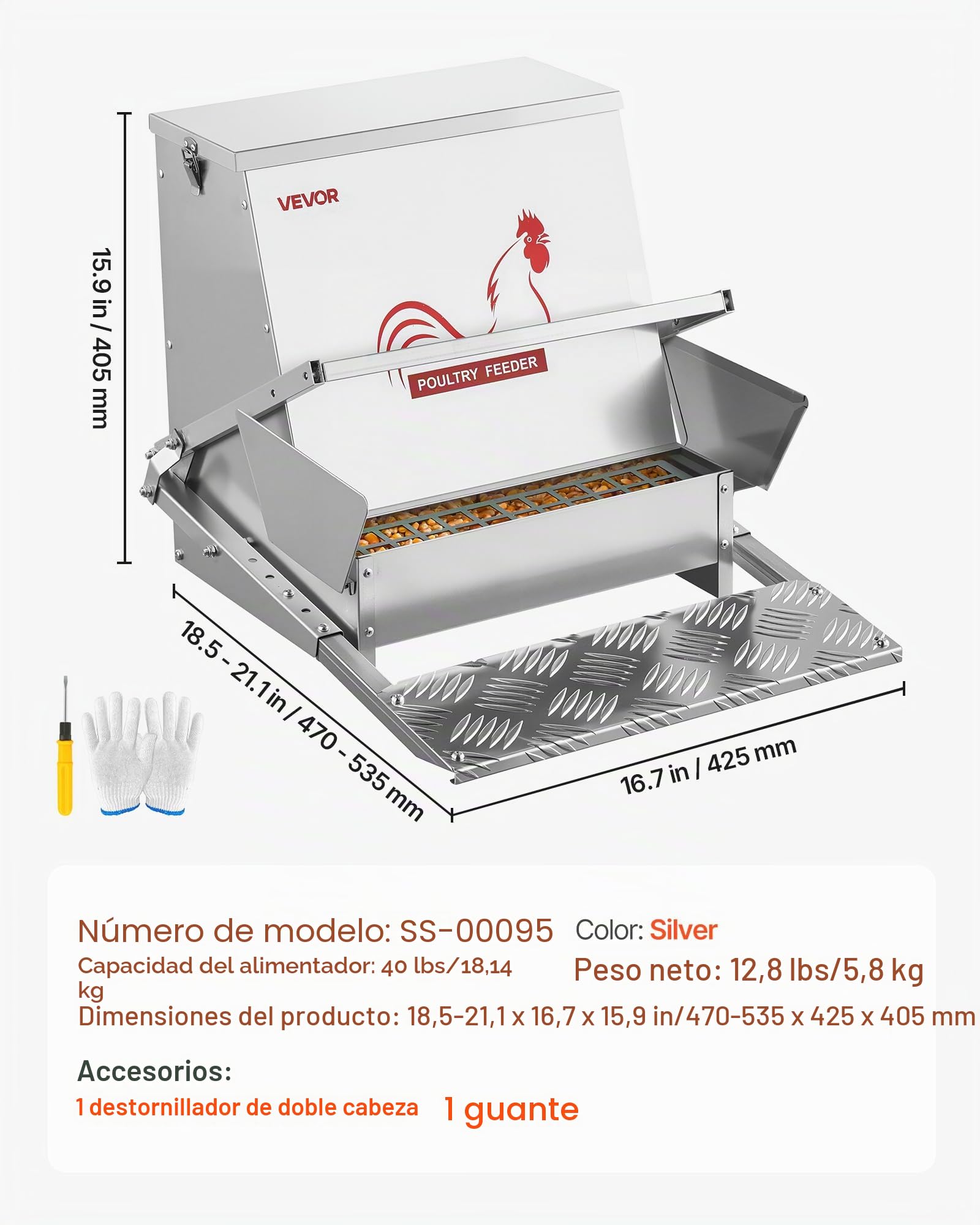 VEVOR Comedero automático, capacidad de 18 kg, resistente a la lluvia, con pedal y tapa con cerradura, Sin desperdicio, acero galvanizado, para pollos, gallinas enanas, aves de corral y faisanes