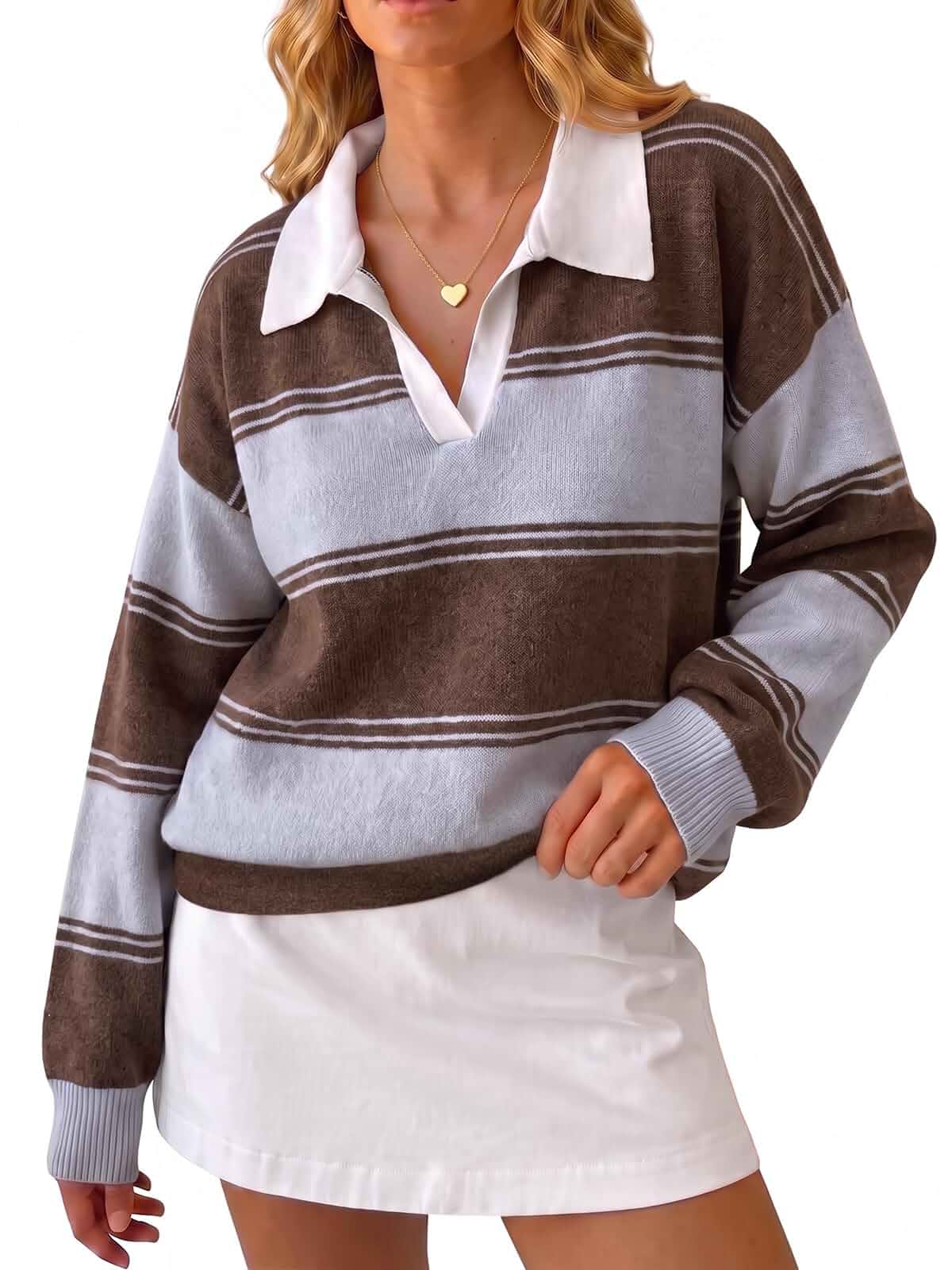 Cicy Bell Women Striped Sweater Polo V Neck Long Sleeve Pullover Knit Tops Color Block, Trendy Casual, Loose Fit, Fall Winter, Warm Sweater, Collar Lapel