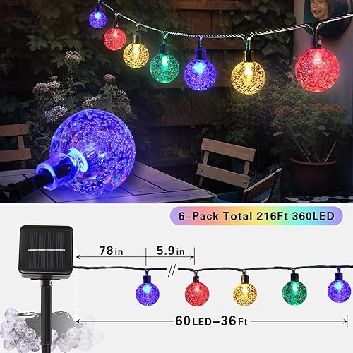 Miniatura 7 de SyouHome Guirnalda de luces solares, 360 luces LED de 216 pies, luces de globo de cristal multicolor con 8 modos, luces solares para exteriores,