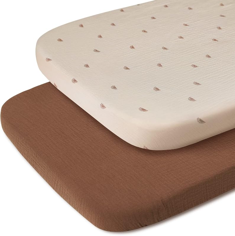 Blissful Diary Muslin Bassinet Sheets, 2 Pack, Sunshine & Brown | fitted for bassinet mattress, soft and breathable cotton, boho style, easy care for machine wash, gift for boy and girl