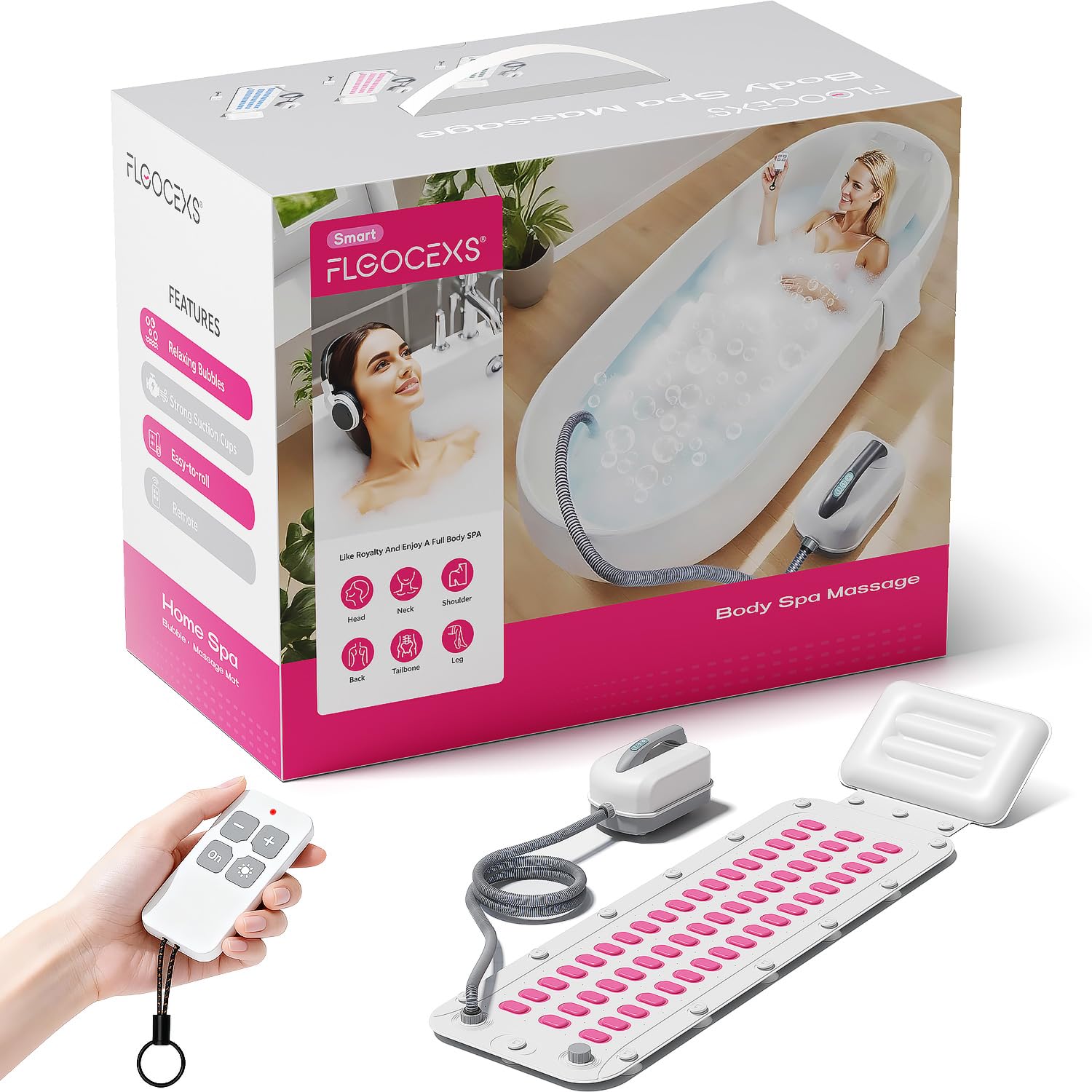 Flgocexs Massaggiatore portatile per vasca da bagno, impermeabile, per vasca da bagno, bolle a 6 velocità, telecomando e ventose antiscivolo, per rilassarsi in casa, rosa