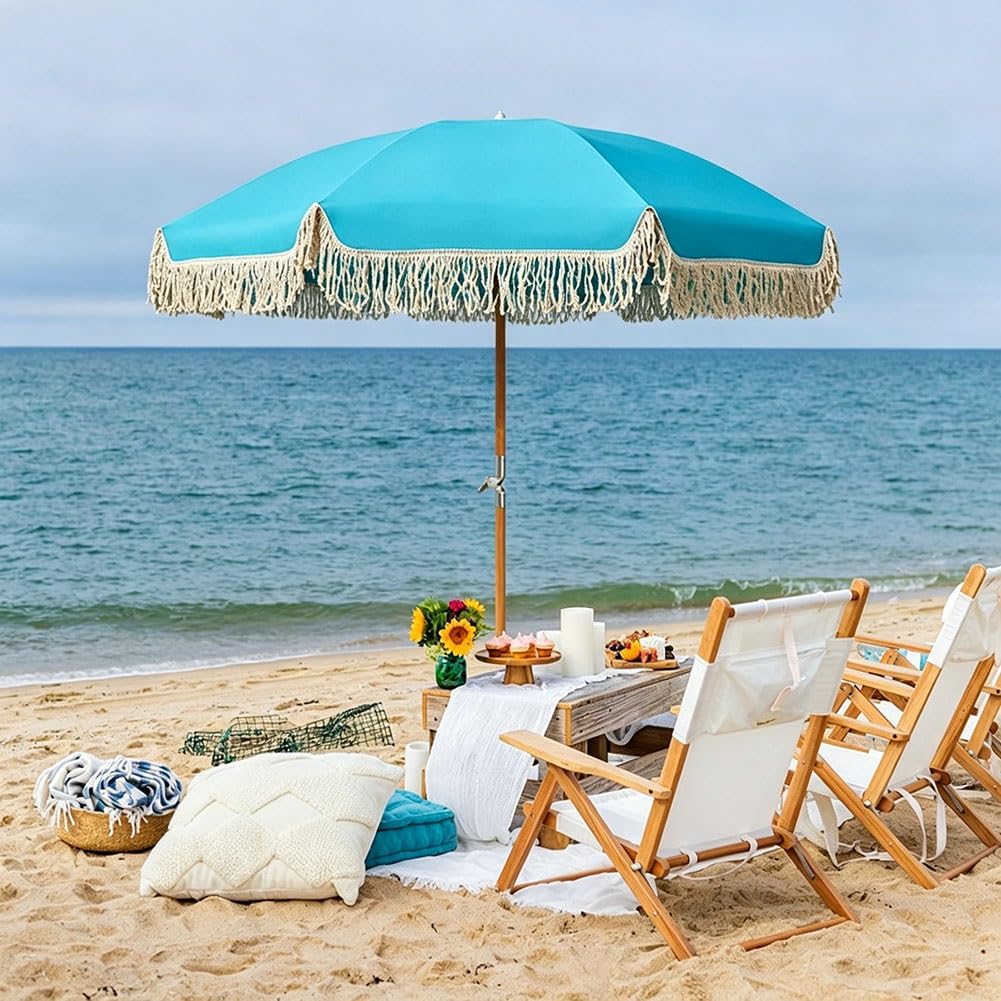 Parasol Ogrodowy w Boho z Frędzlami 200 cm, Przenośny Parasol Plażowy z Regulowanym Drewnianym Trzonkiem, 8 Żeberek z Włókna Szklanego