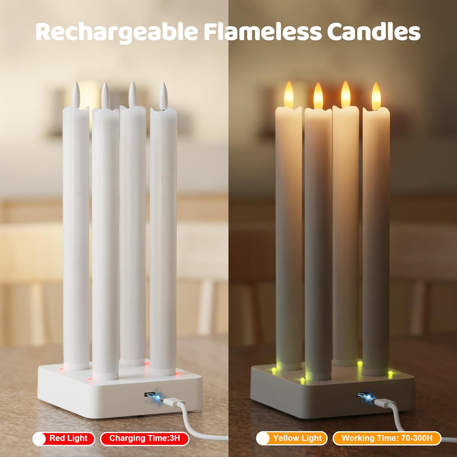 Rechargeable Flameless Taper Candles, Real Wax 9.6 Inch LED Candlesticks with Remote, flickering White Battery Operated Candles with Charging Station for Home, Holidays, Weddings, Party Decor, 4 Pack