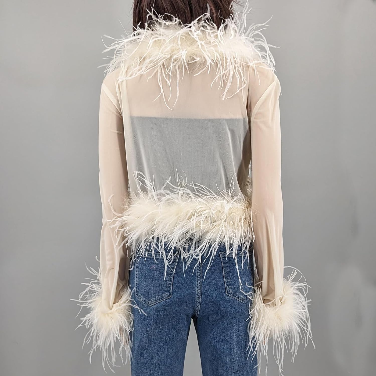 LVCOMEFF Real Ostrich Feather Trim Mesh Crop Top See-Through Black Sheer Shirt Jacket Clubwear Y2k - Image 4