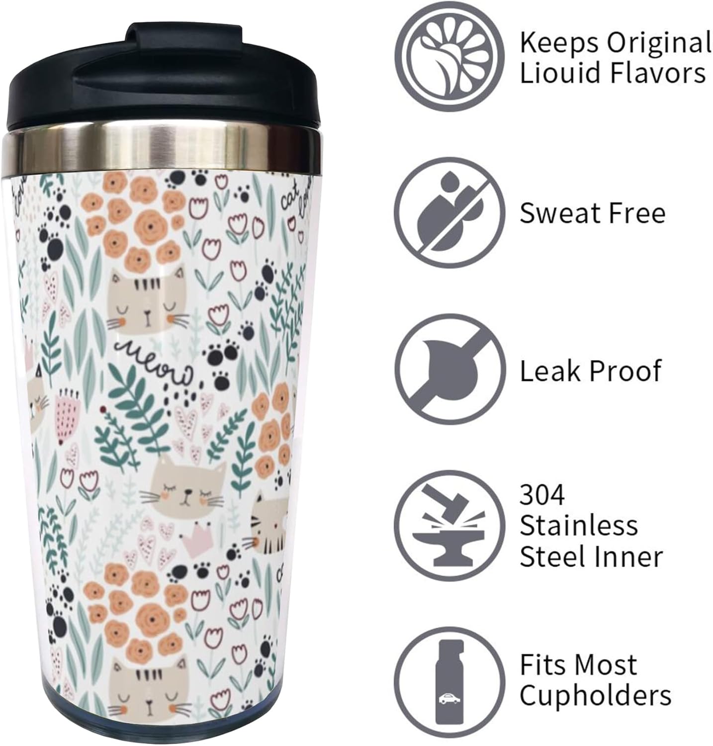 Cat and Floral Travel Coffee Mug with Flip Lid 13 Oz, Stainless Steel Insulated Tumbler Cup for Cat Lover - Perfect Holiday, Birthday & Christmas Gift for Men, Women, Sister, Friend, Bestie - Image 4