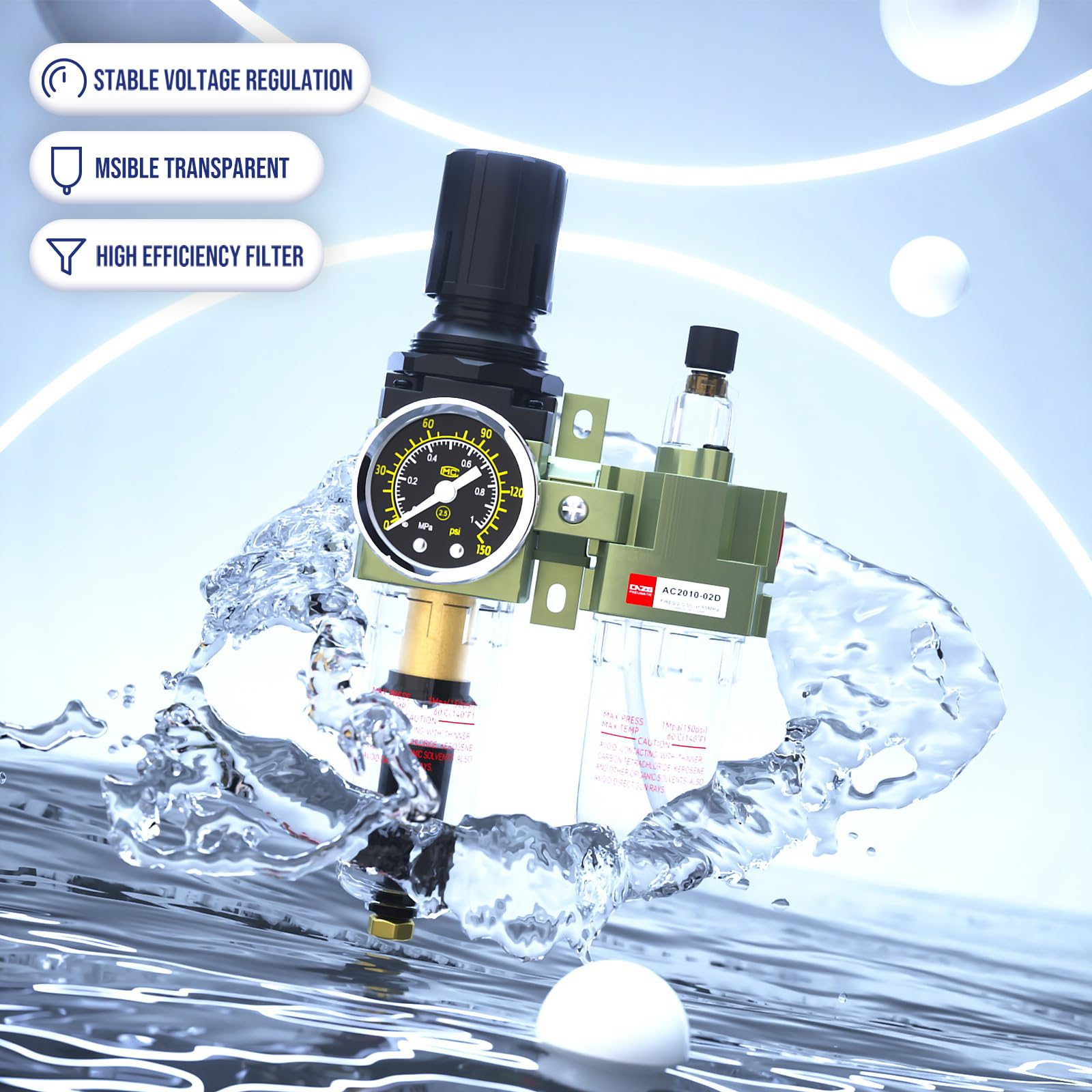 Compresseur d'air pneumatique séparateur d'eau filtre régulateur comprimé pour accessoires pression de pièces avec manomètre 1/4 kit automatique de vidange automatique AC2010-02D