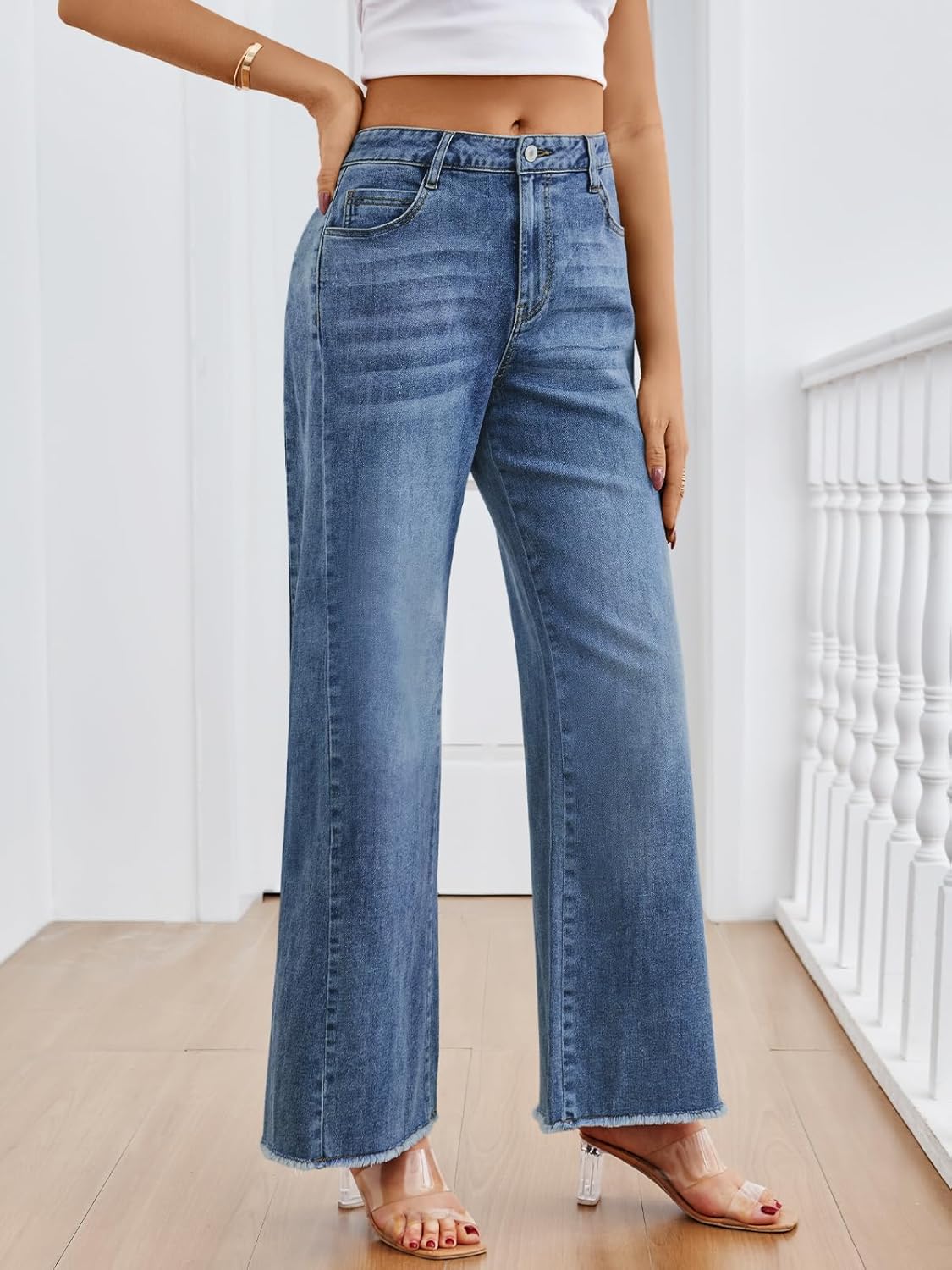 Trendy Queen Women's Wide Leg Jeans, Relaxed Loose Straight Leg with Raw Hem, Comfort Denim Pants - Image 3