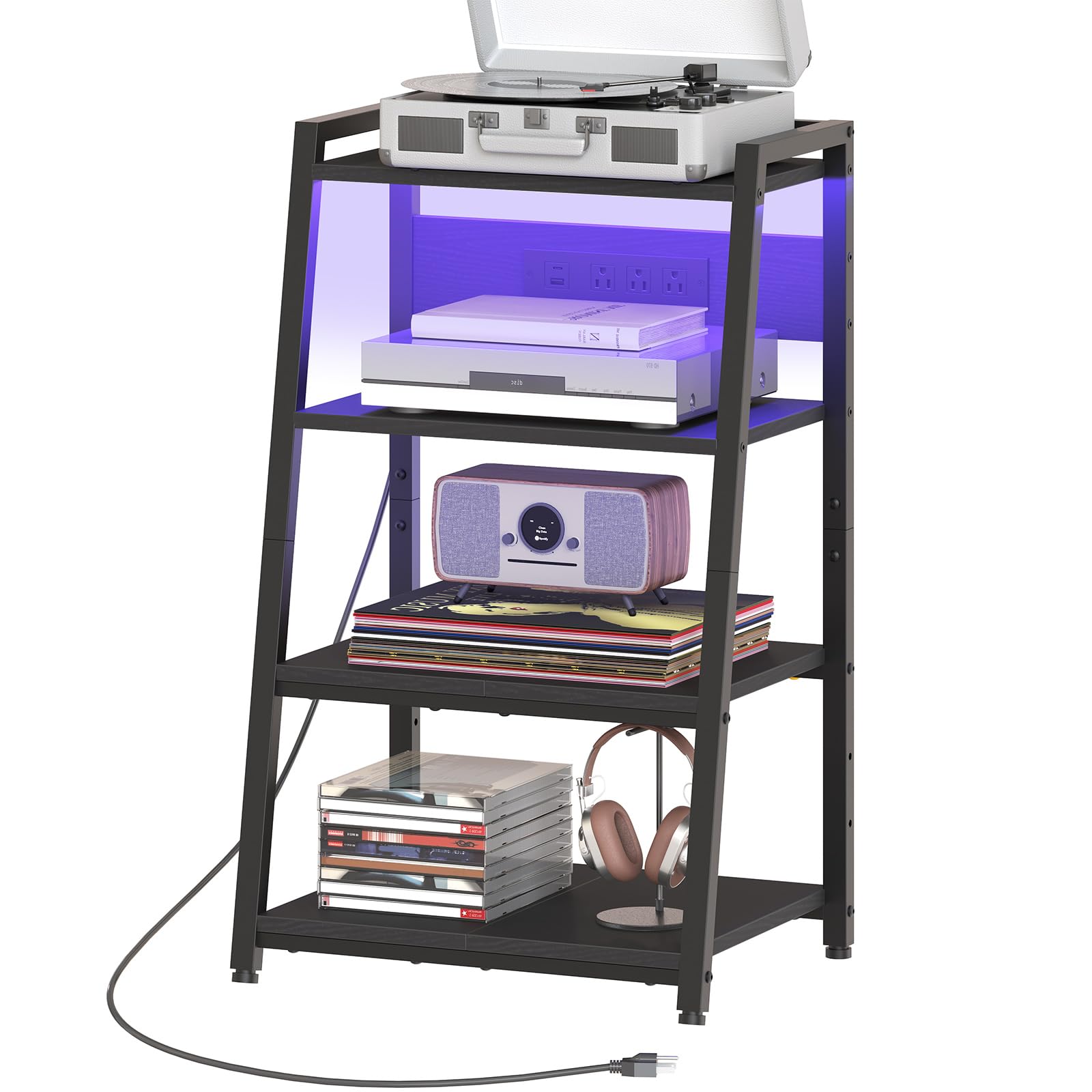 Photo 1 of HOOBRO 4-Tier AV Media Stand with Charging Station and LED Light, Wooden Stereo Cabinet, Game Console Stand, Media Audio Rack, Record Player, Entertainment Center, Rustic Brown and Black BF106UDCJ01