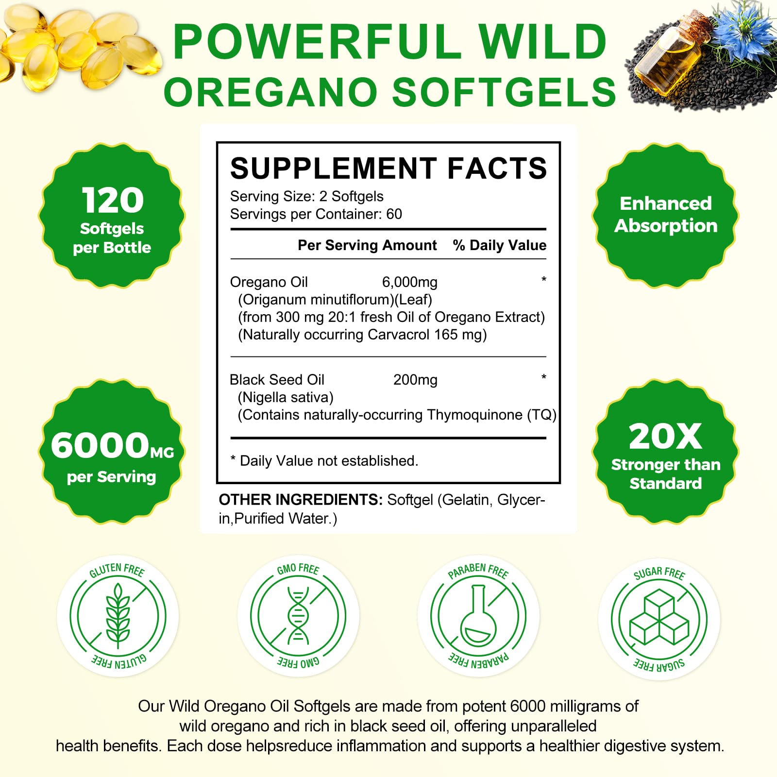 Olio di origano capsule, oregano oils capsules, oil of oregano with black seed oil, olio di origano in capsule con 165 mg di carvacrolo | Non OGM, 120 capsule