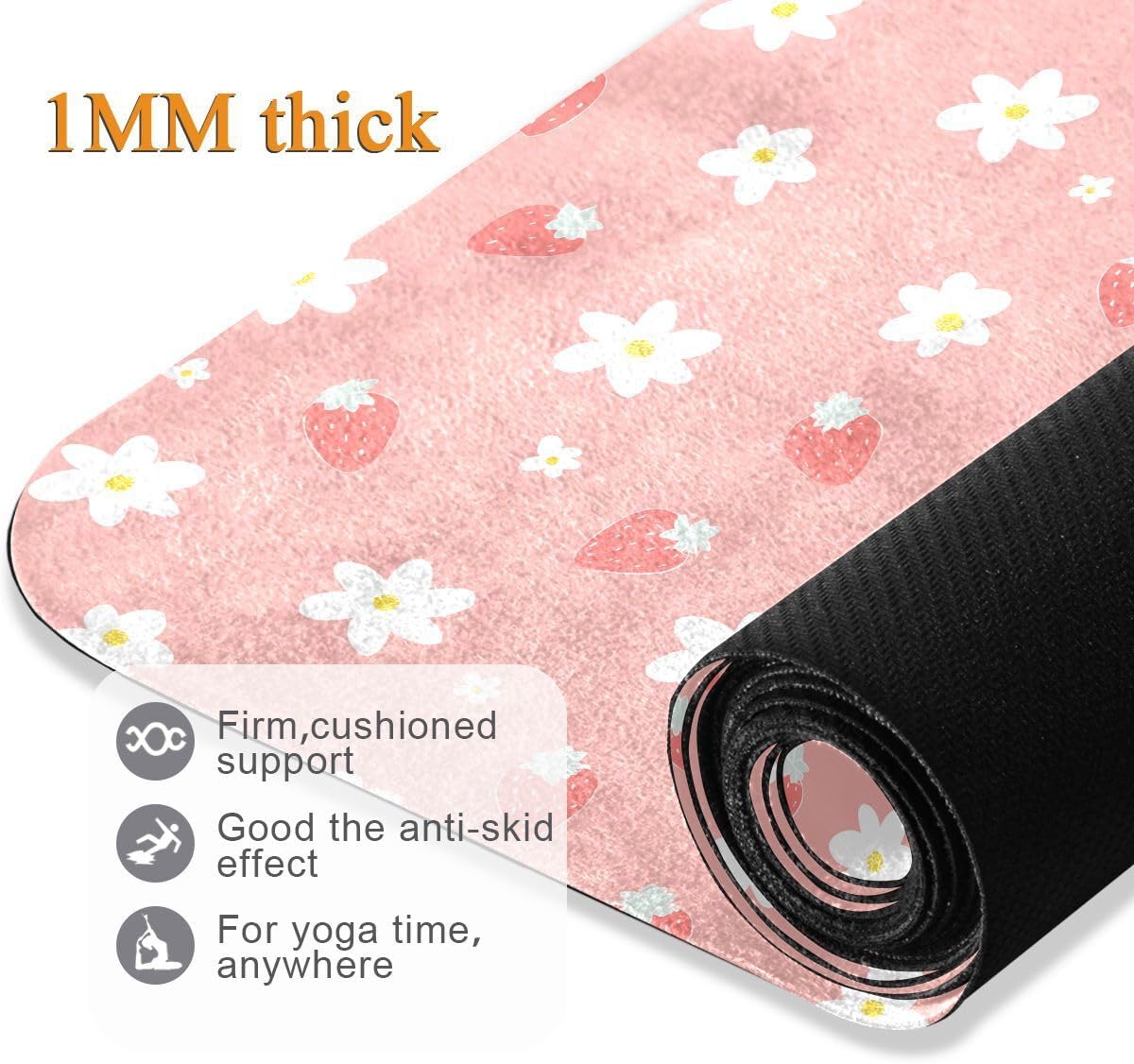 ALAZA Strawberry White Flower Pattern Yoga Mat Non Slip Fitness Exercise Mat, Workout Mat for Yoga, Pilates and Floor Exercises
