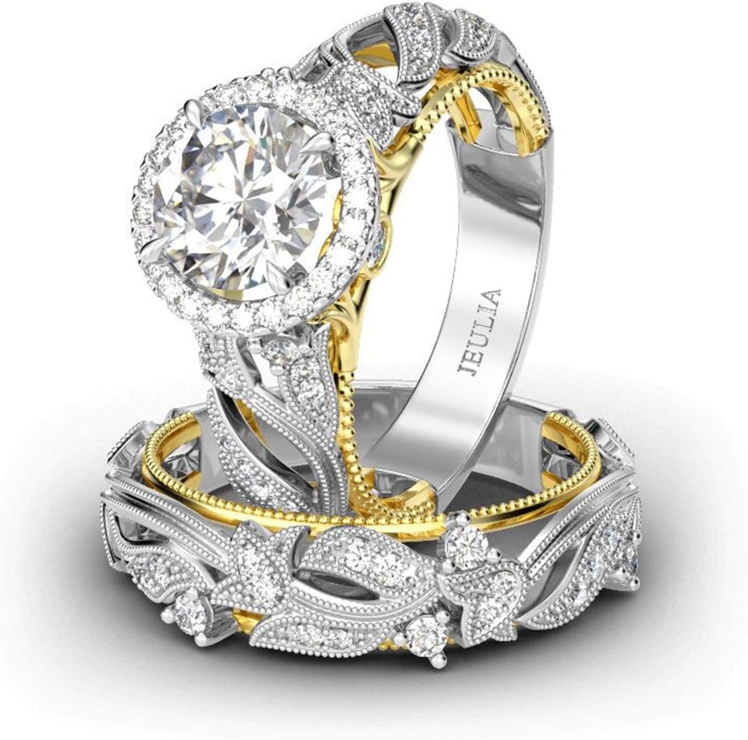 Jeulia 4 Carat Openwork Ring Sets for Women 925 Sterling Silver Wedding Sets Yellow Gold Round Cut Halo Engagement Ring White Diamond Band CZ Solitaire Anniversary Promise Rings
