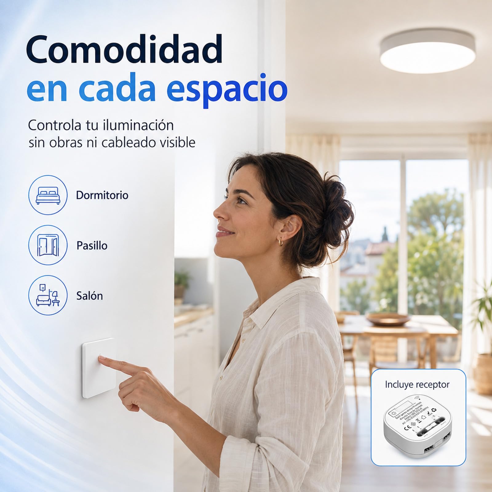 Interruptor inalámbrico Kinelux, kit con receptor sin pilas (Blanco, 2 teclas)