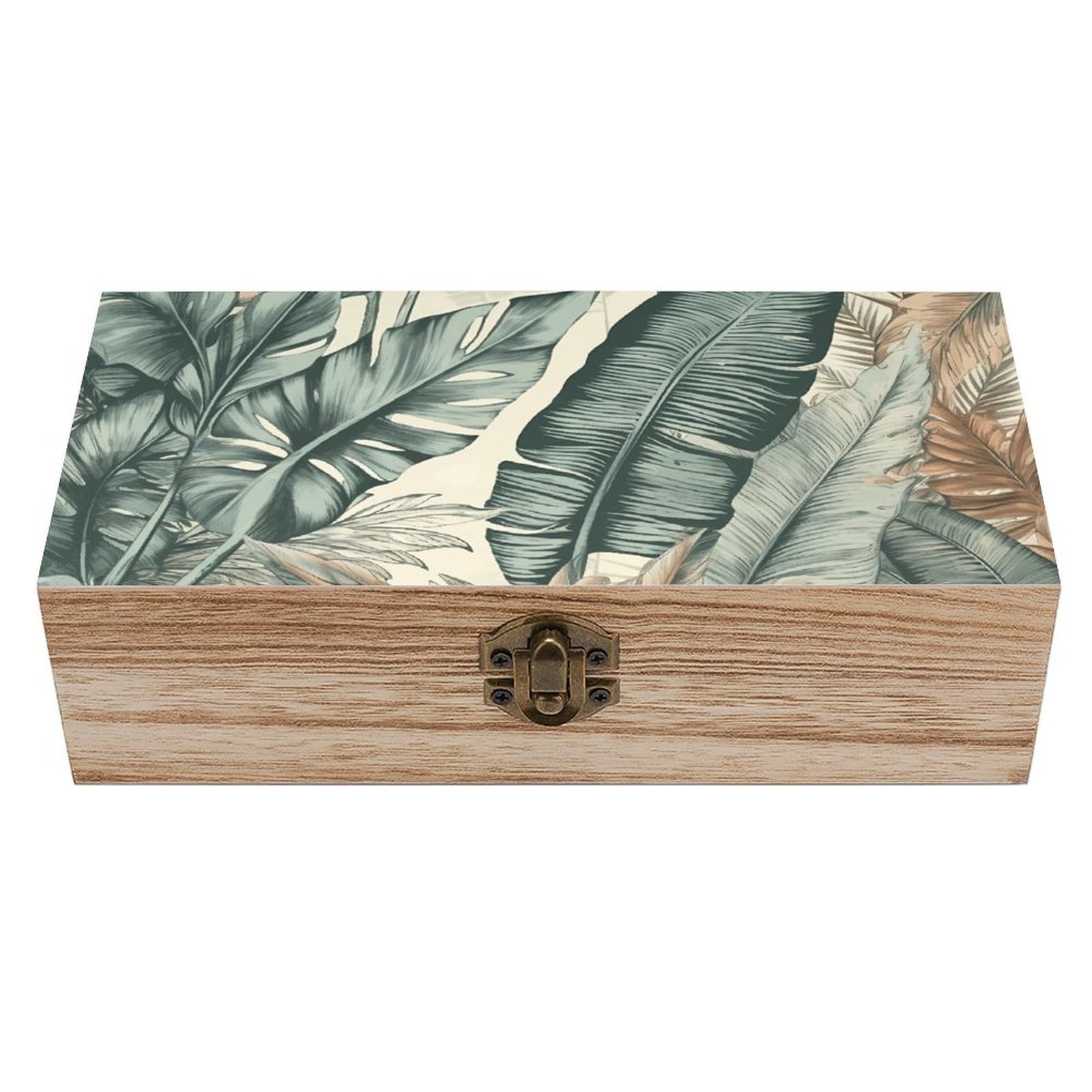 HLBSDM Vintage Wooden Storage Box Tropical Leaves Keepsake Box for Jewelry Photos Letters Elegant Desktop Organizer for Home Office Decor