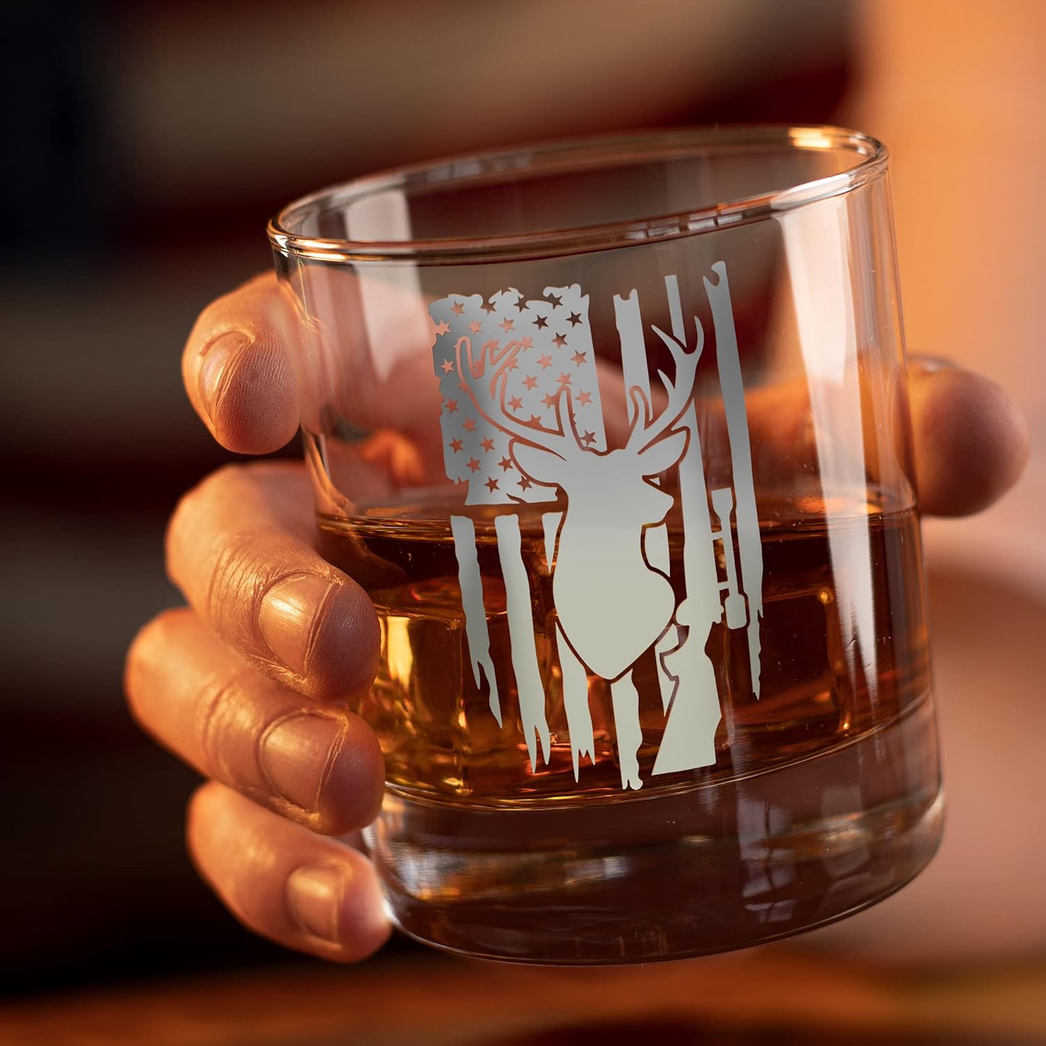 Deer Hunter American Flag - Old Fashioned Whiskey Rocks Bourbon Glass - 10 oz capacity - Image 6