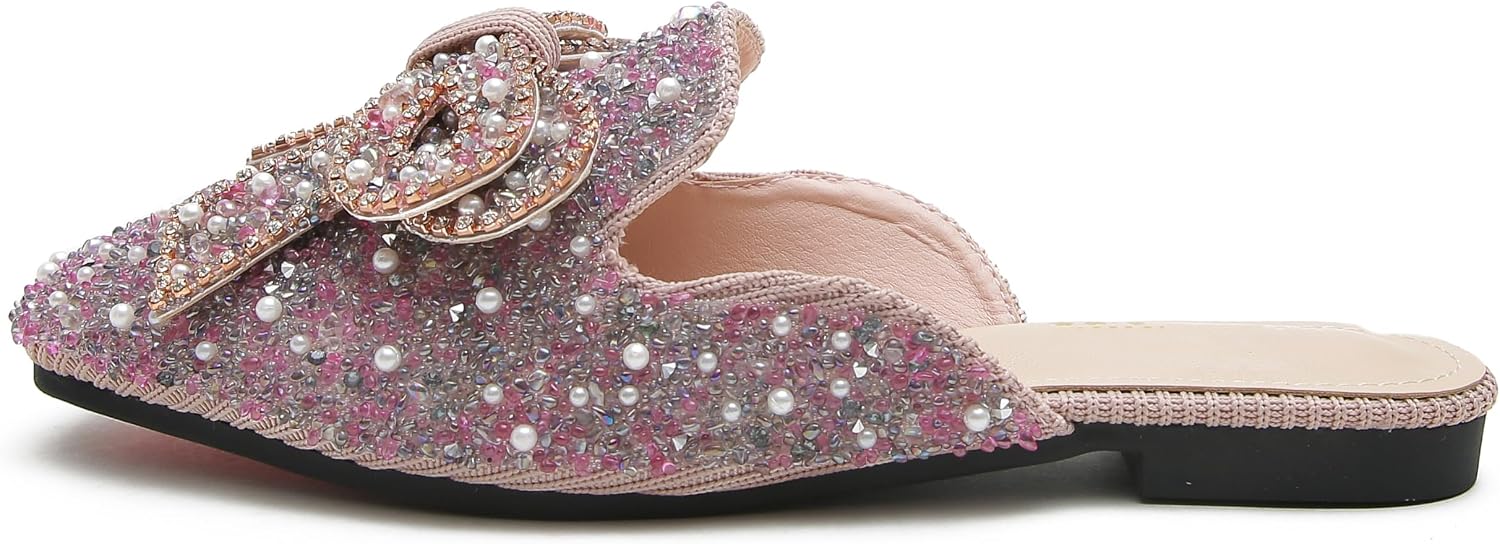 SAFECAMS Women's Rhinestone Bow Flat Mules Comfortable Square Toe Slip on Penny Loafers Ladies Baotou Clogs Half Slides Mules