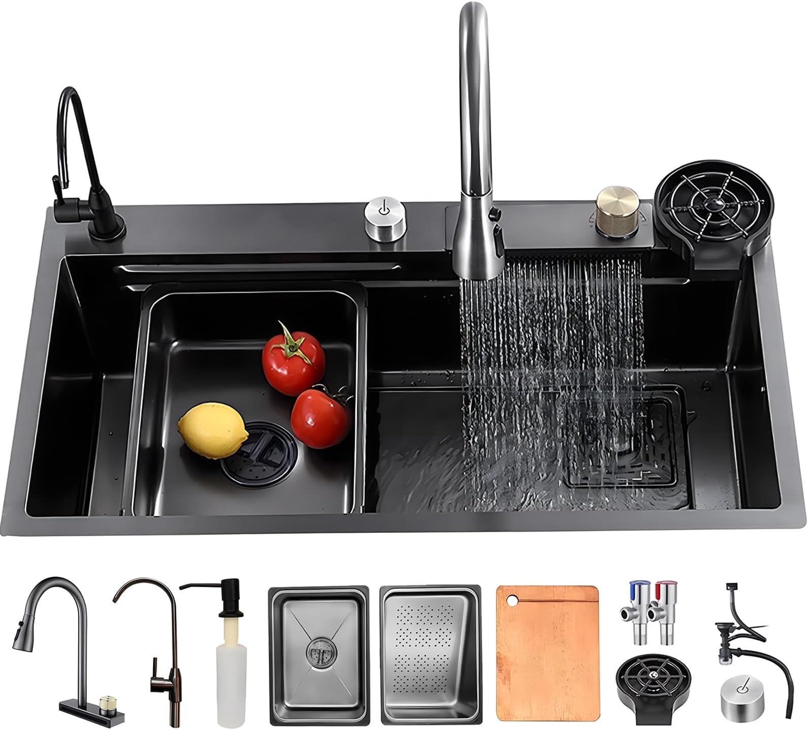 Kitchen Sink for Workplace 80 x 50 cm with Waterfall Tap, Single Bowl Set Made of Stainless Steel Black/Grey for Home Use, Pressure Washers, Chopping Board, Drip Basket and Accessories