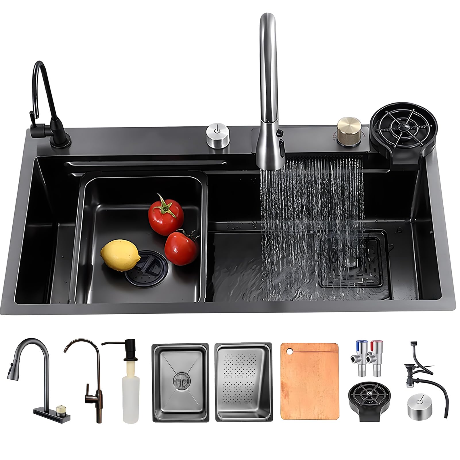 YADZISW Stainless Steel Kitchen Sink 65x50 cm with Waterfall Tap Single Bowl Set in Black/Grey Includes Chopping Board Drip Basket & Pressure Washers - Perfect for Modern Workspaces